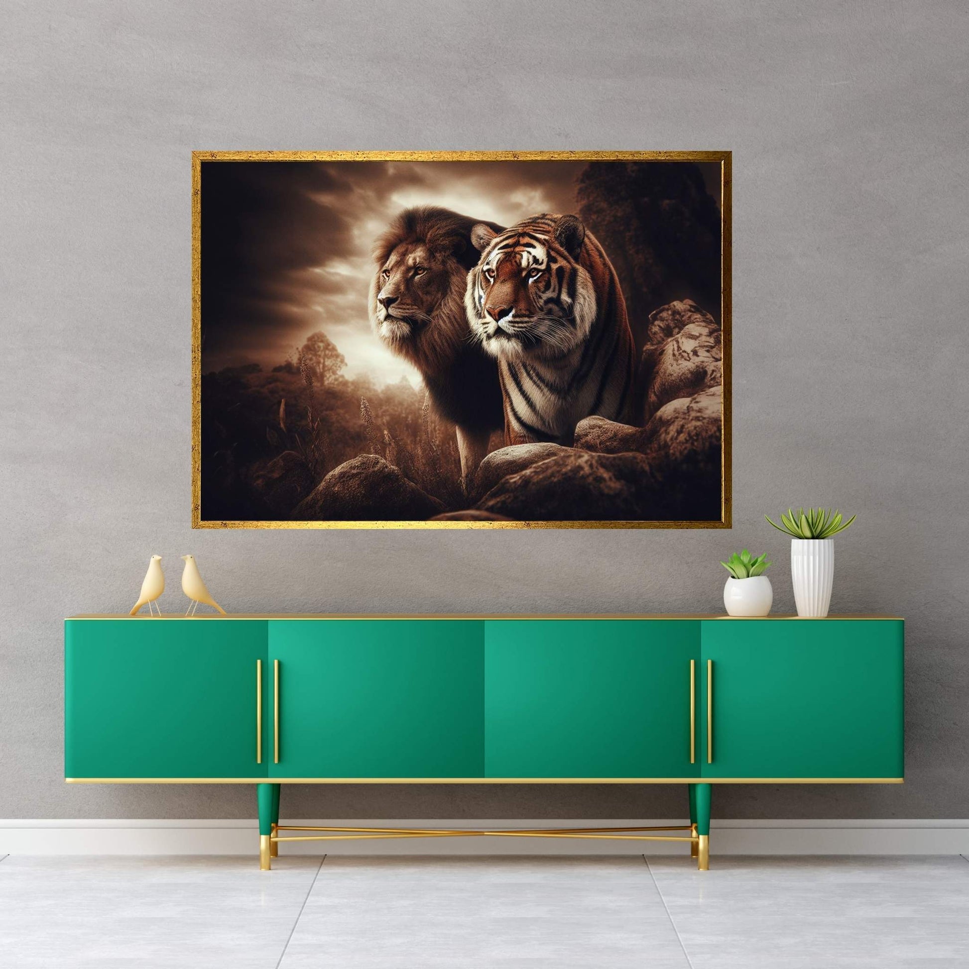 Lion and Tiger Couple Canvas Print Art,Animal Wall Art, Canvas Wall Art - Y Canvas
