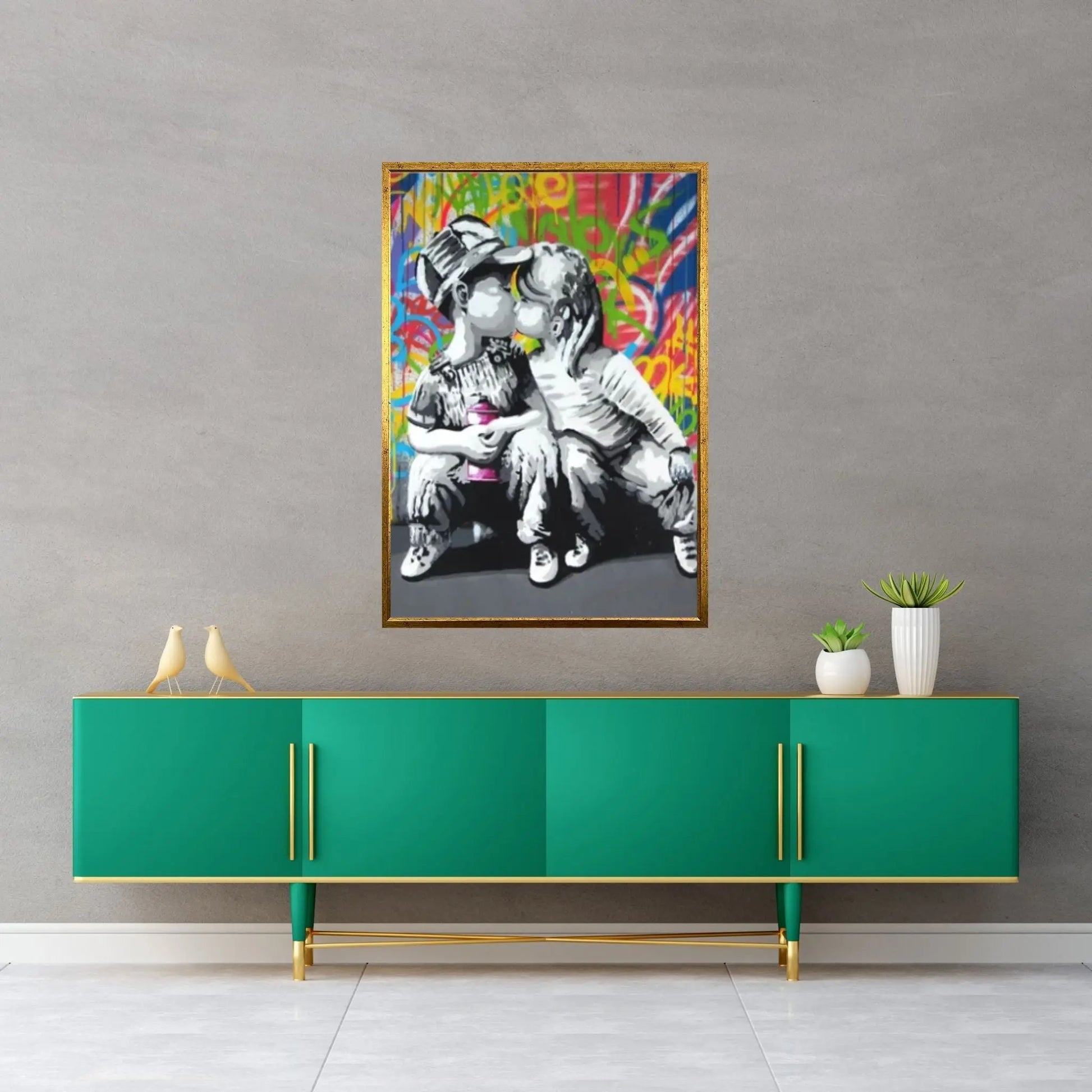 Banksy Art Canvas-Banksy Graffiti "Kids Sweet Kiss" Street Art Canvas Wall Art Poster Print Home Decor - Y Canvas