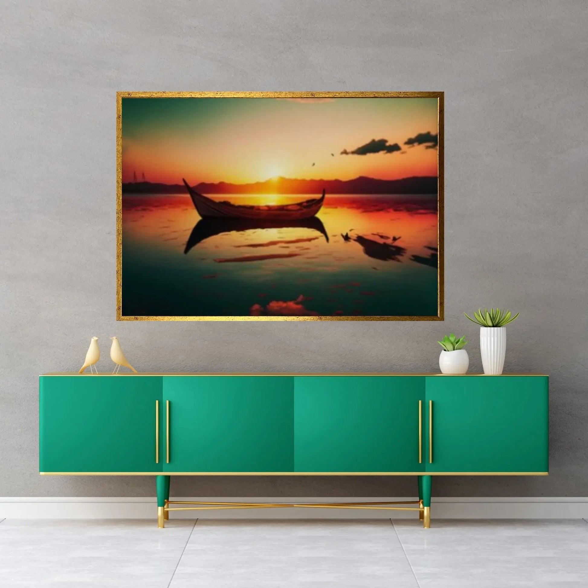 Sunset and Boat Canvas Wall Art, Home Decor Landscape Art Print - Y Canvas
