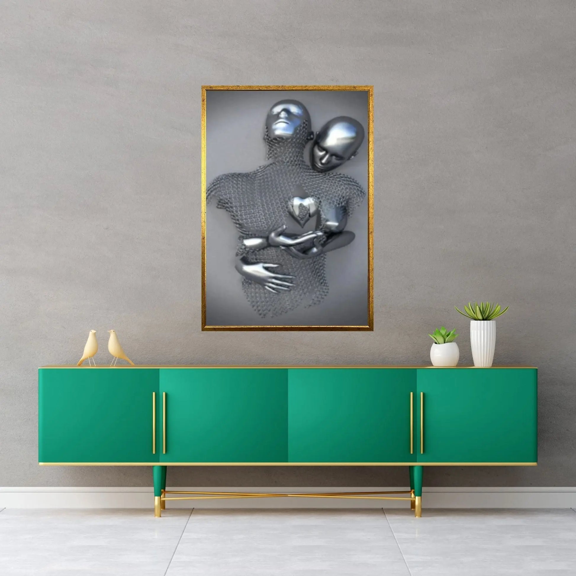 Large Silver Heart Love Couples Canvas Metallic 3D Abstract Living Room Decor Home Decor Wall Art Canvas - Y Canvas