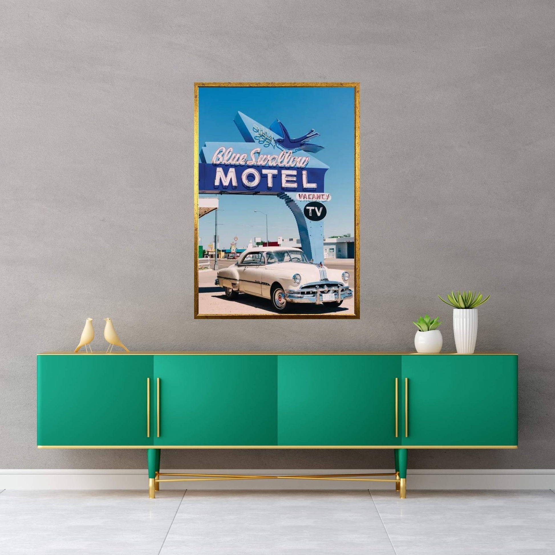 Blue Swallow Motel Canvas Wall Art - Y Canvas