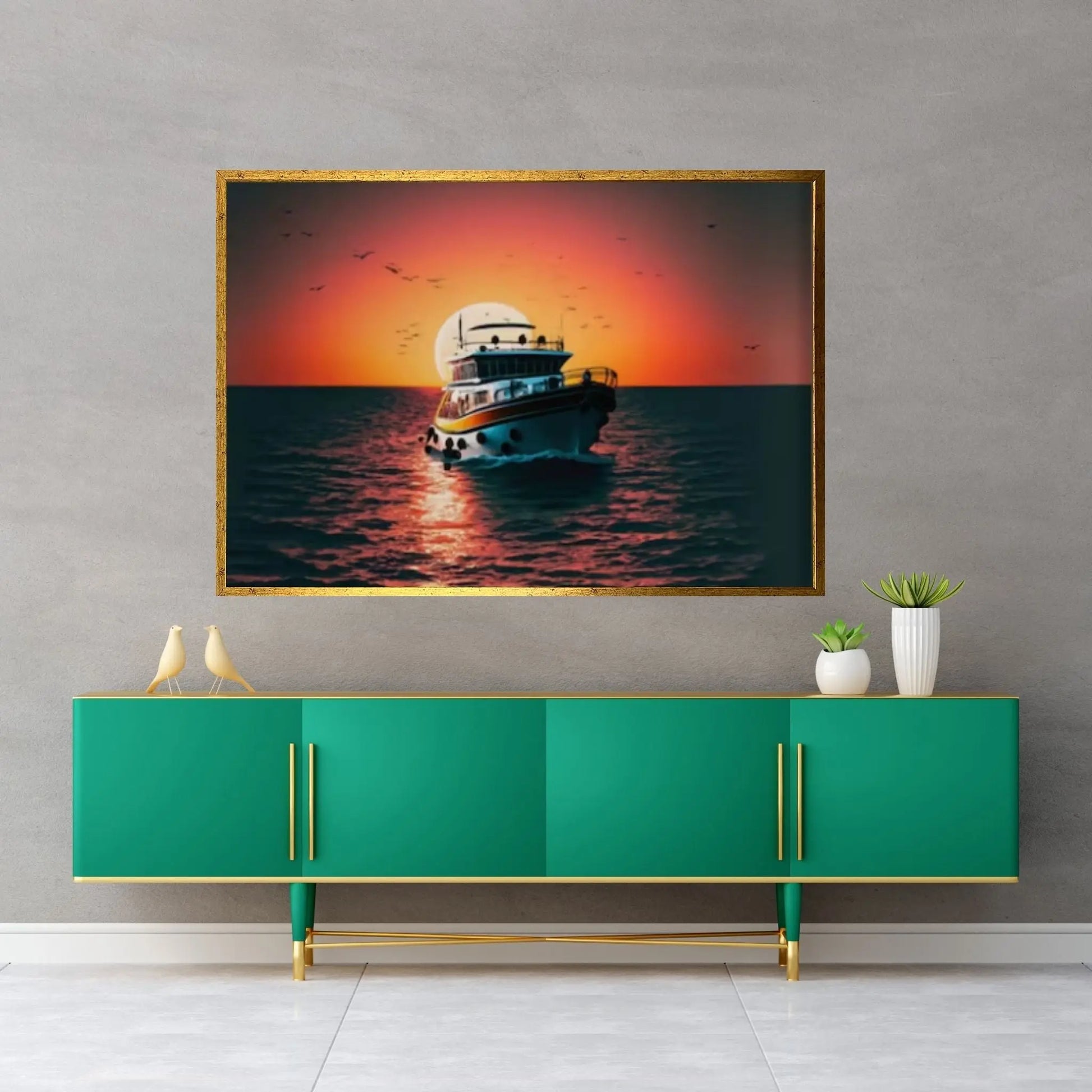 Sunset and Boat Canvas Wall Art, Home Decor Landscape Art Print - Y Canvas