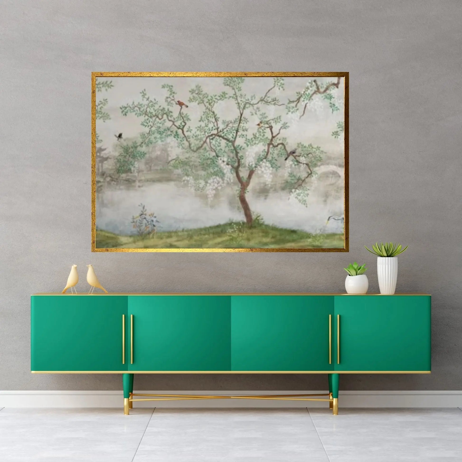 Japanese Landscape Painting of Pine Trees Canvas Wall Art,Distant Mountains,Cloud and Sunrise.Japanese Painting - Y Canvas