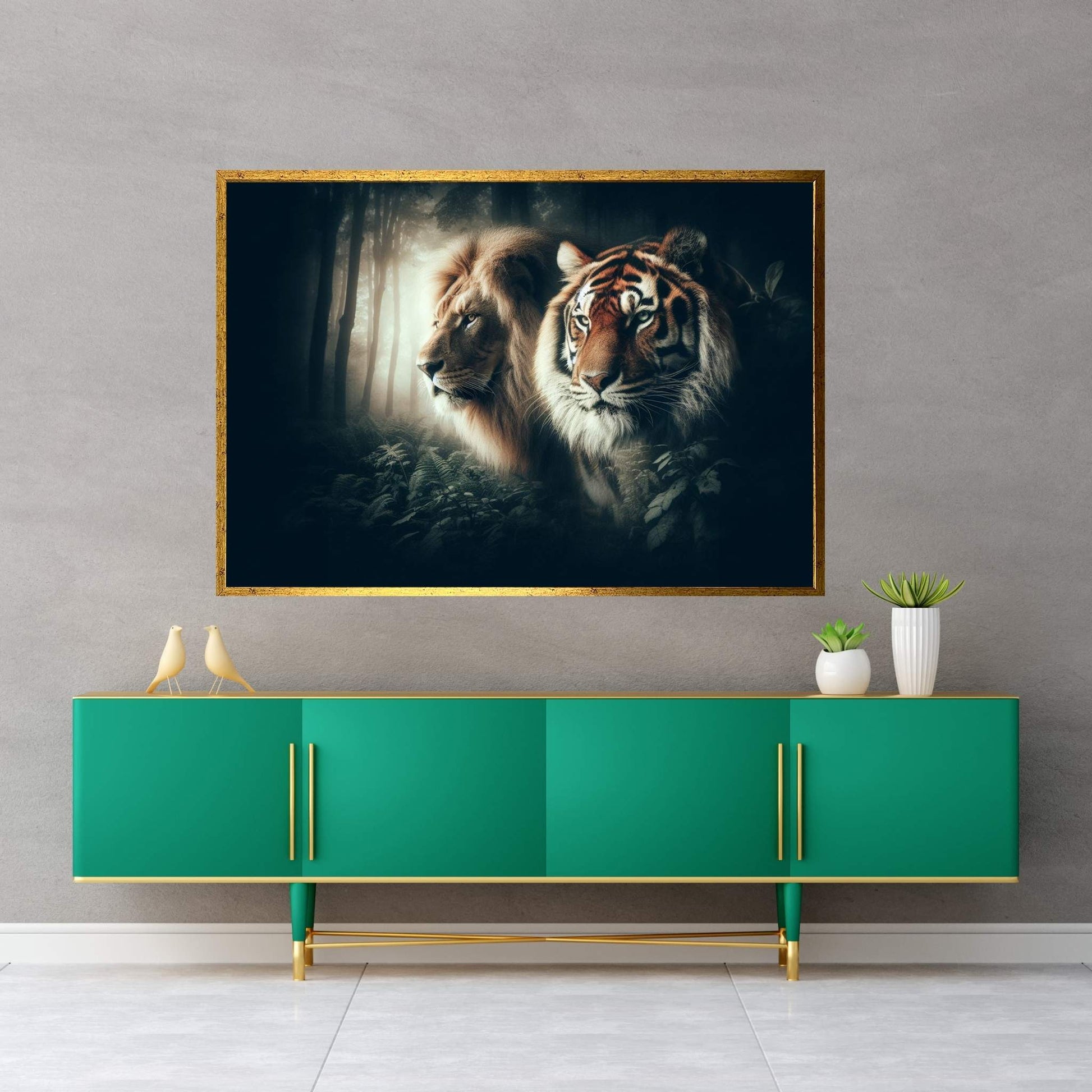 Lion and Tiger Couple Canvas Print Art,Animal Wall Art, Canvas Wall Art - Y Canvas