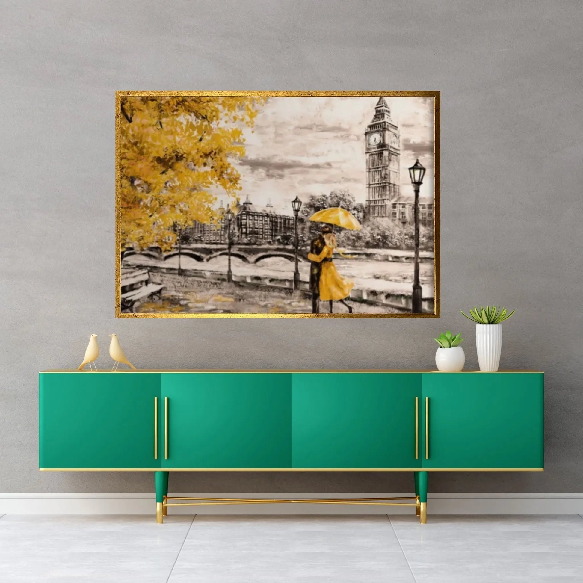 England Bridge illustration Man and woman under Yellow umbrella photo London street Oil painting Canvas Wall Art - Y Canvas
