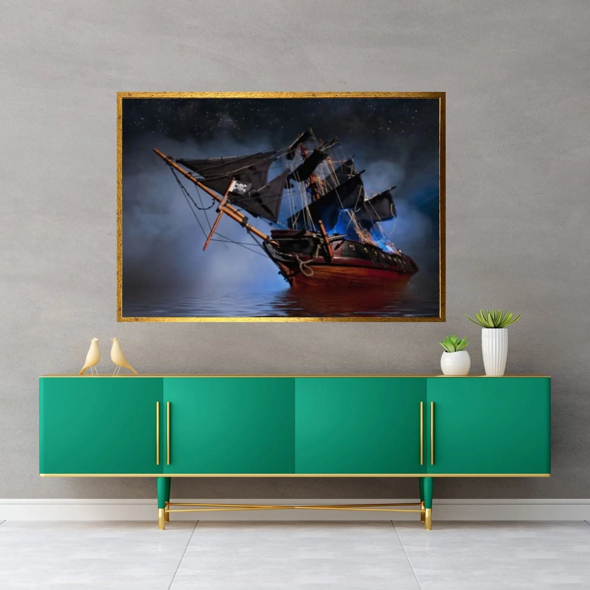 Large Dark Sea Pirates Ship Canvas Wall Art, Pirates Canvas Wall Print, Corsair on Sea Wall Hangings, Dark Colours Boat Room Decor - Y Canvas
