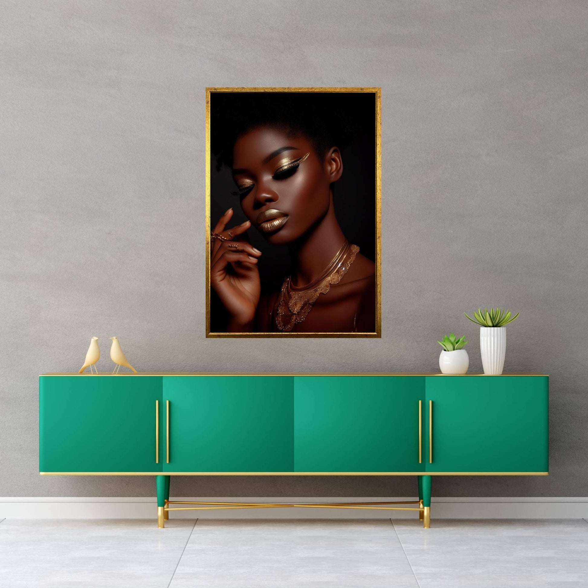 African Black Woman Gold Make-up Canvas Portrait Canvas Wall Art - Y Canvas