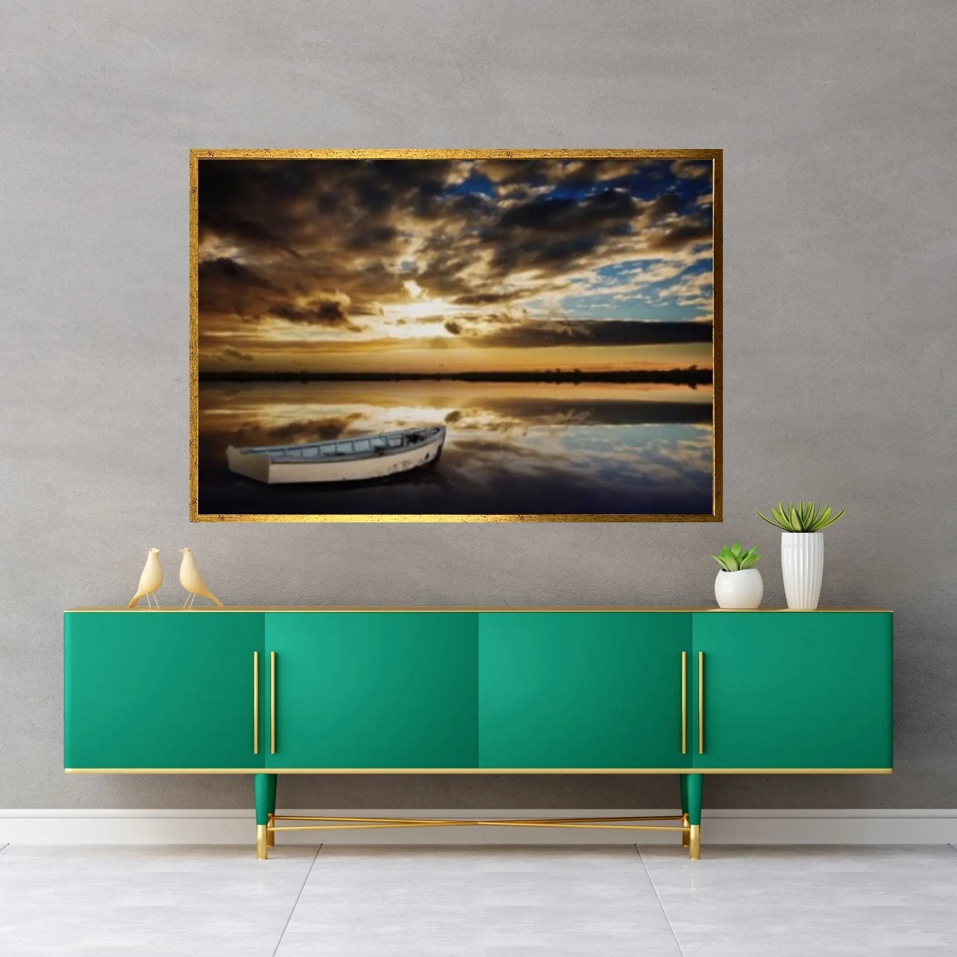 Sunset and Boat Canvas Wall Art, Home Decor Landscape Art Print - Y Canvas