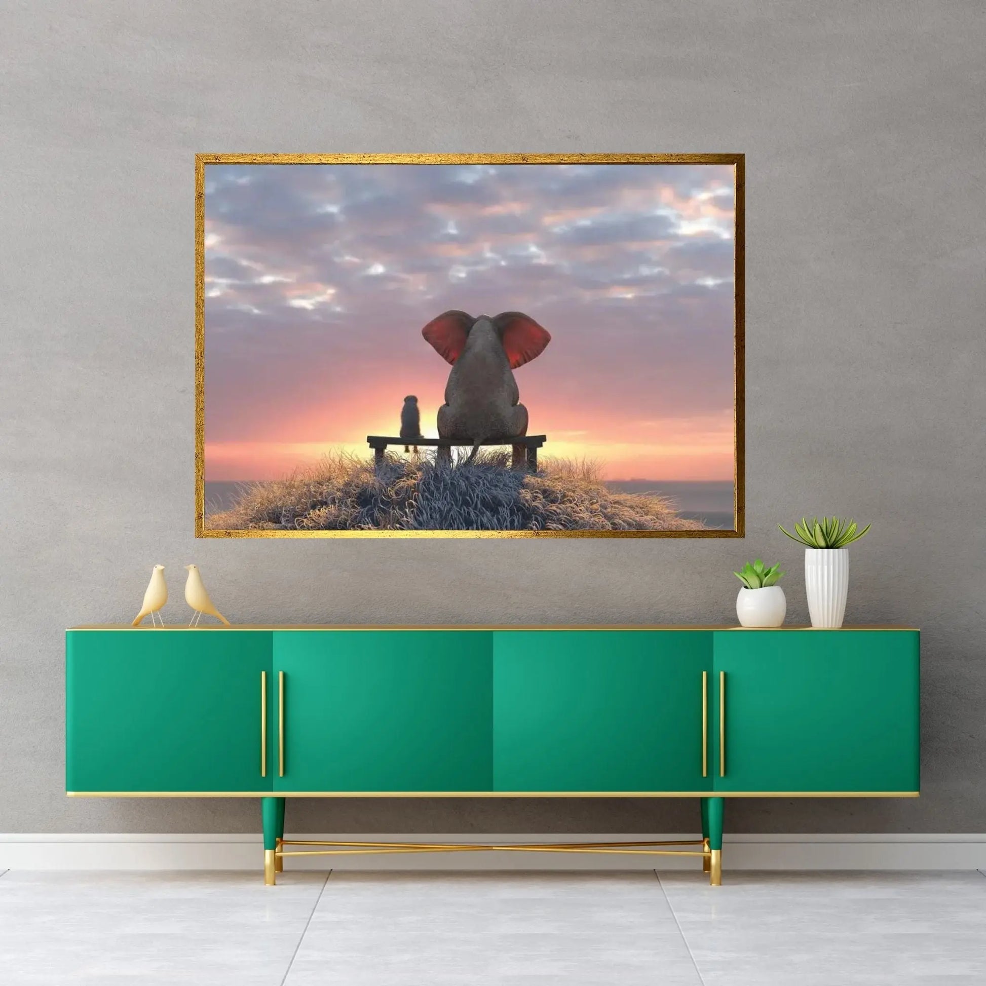 Elephant And Dog Watch The Sunrise On The Seashore Canvas Wall Art - Y Canvas