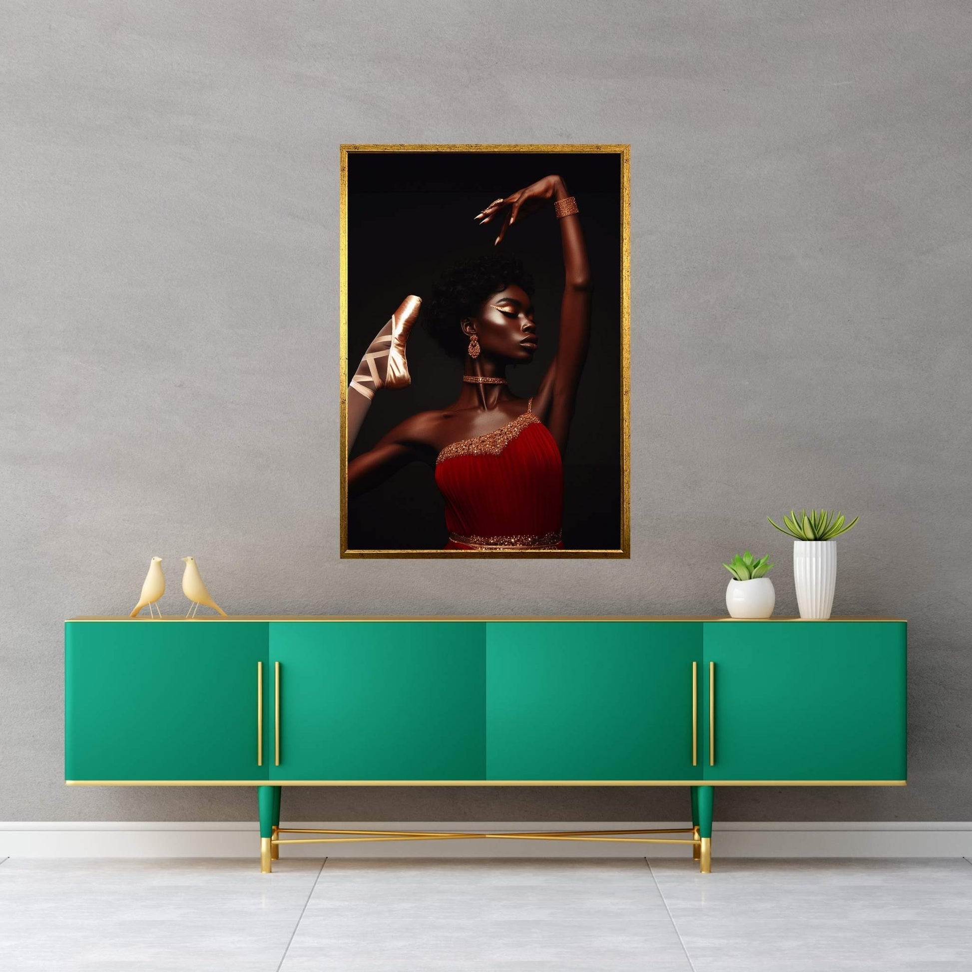 African Black Woman Ballerina in Red Dress Canvas Wall Art Home Decor - Y Canvas
