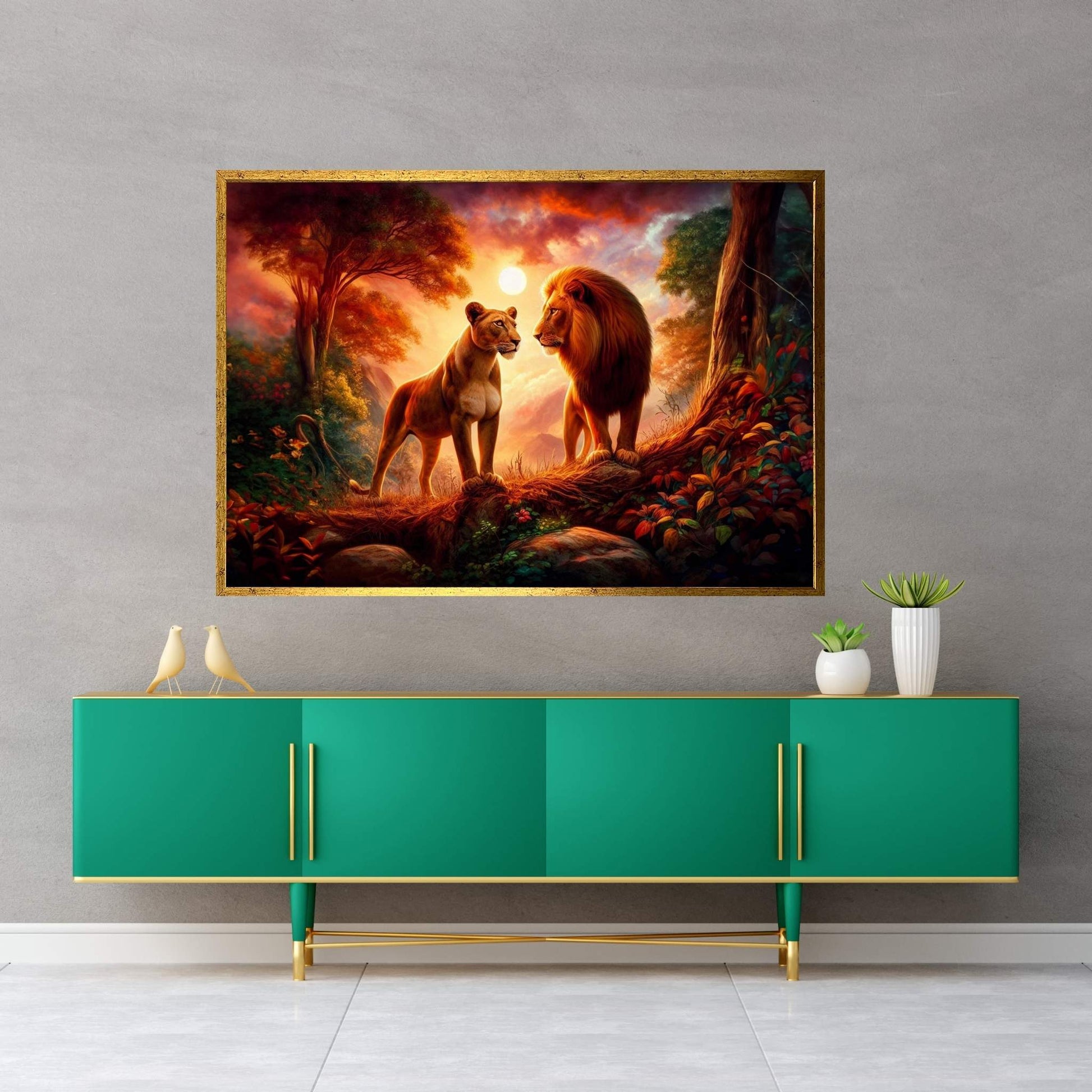Lion and Tiger Couple Canvas Print Art,Animal Wall Art, Canvas Wall Art - Y Canvas