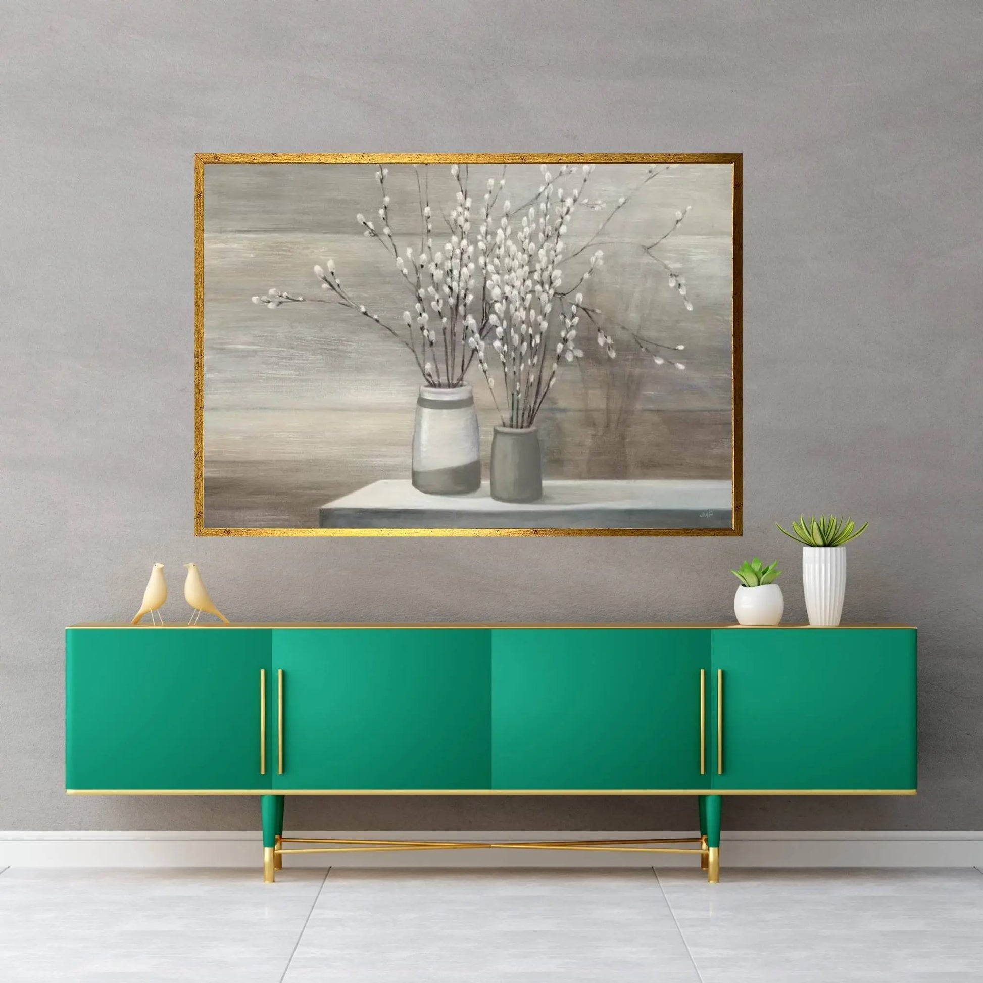 Pussy Willow Still Life Gray Pots Canvas Wall Art - Y Canvas