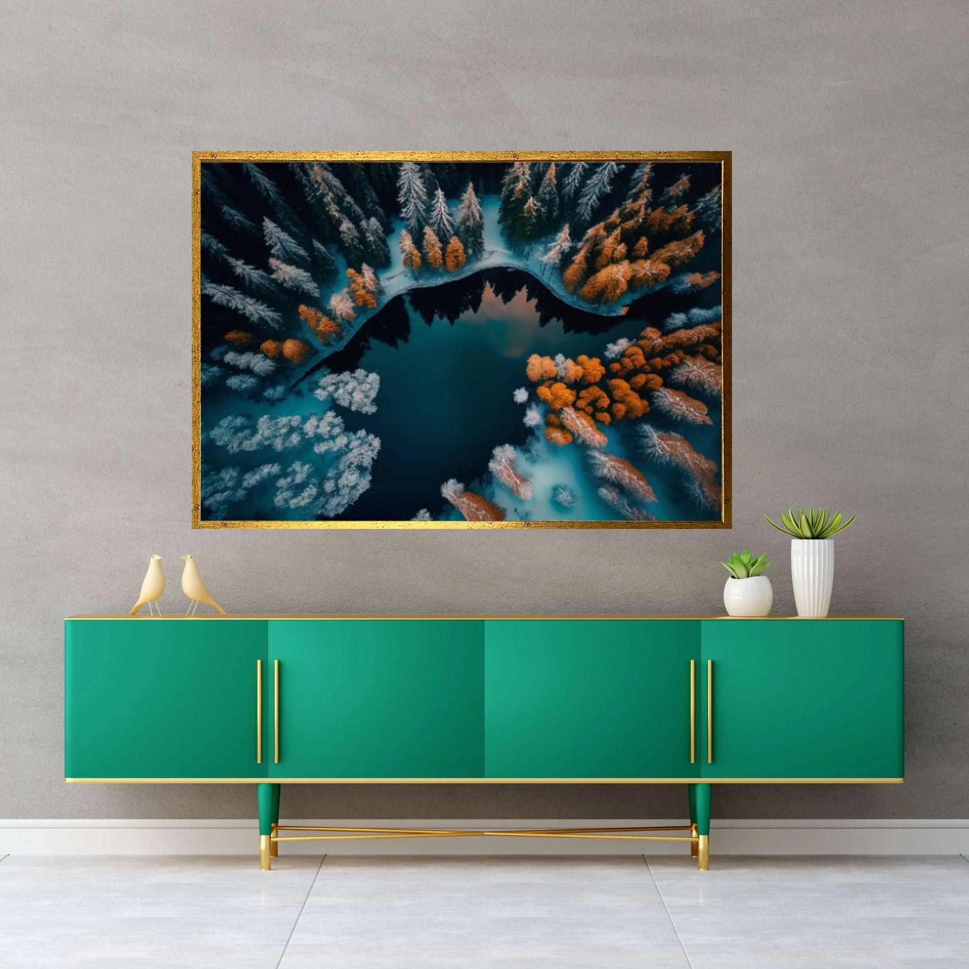 Snowy Pine Forest and Mountain Lake Canvas Wall Art - Y Canvas