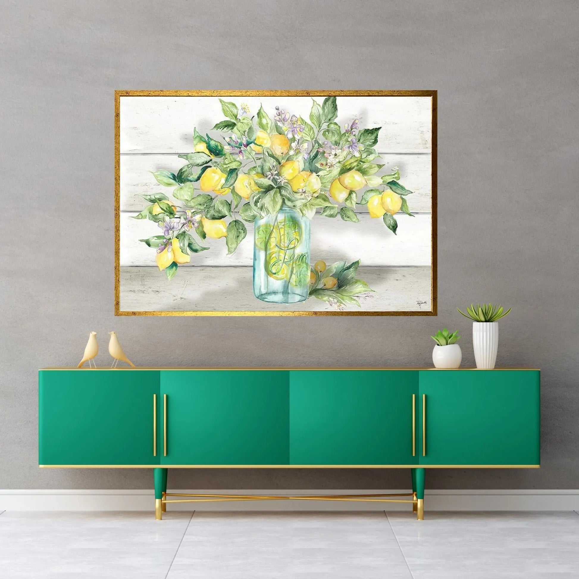 Watercolor Lemons in Mason Jar Landscape Canvas Wall Art - Y Canvas