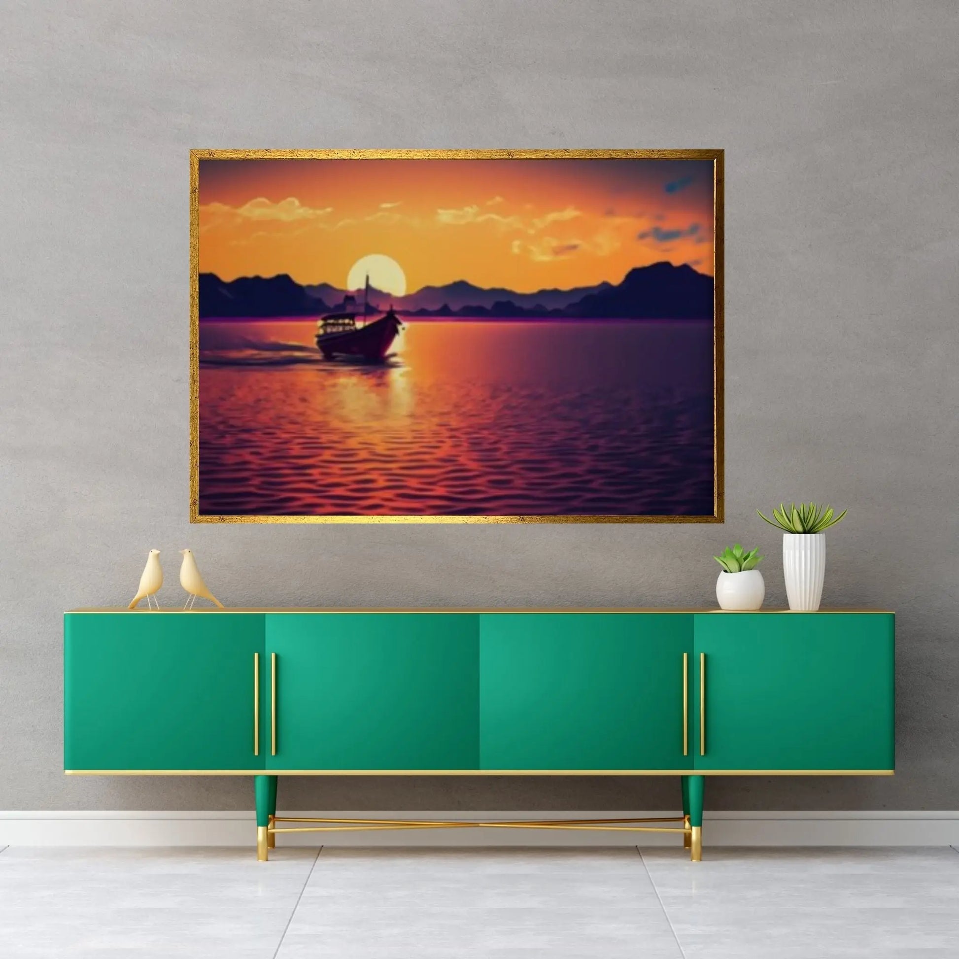 Sunset and Boat Canvas Wall Art, Home Decor Landscape Art Print - Y Canvas