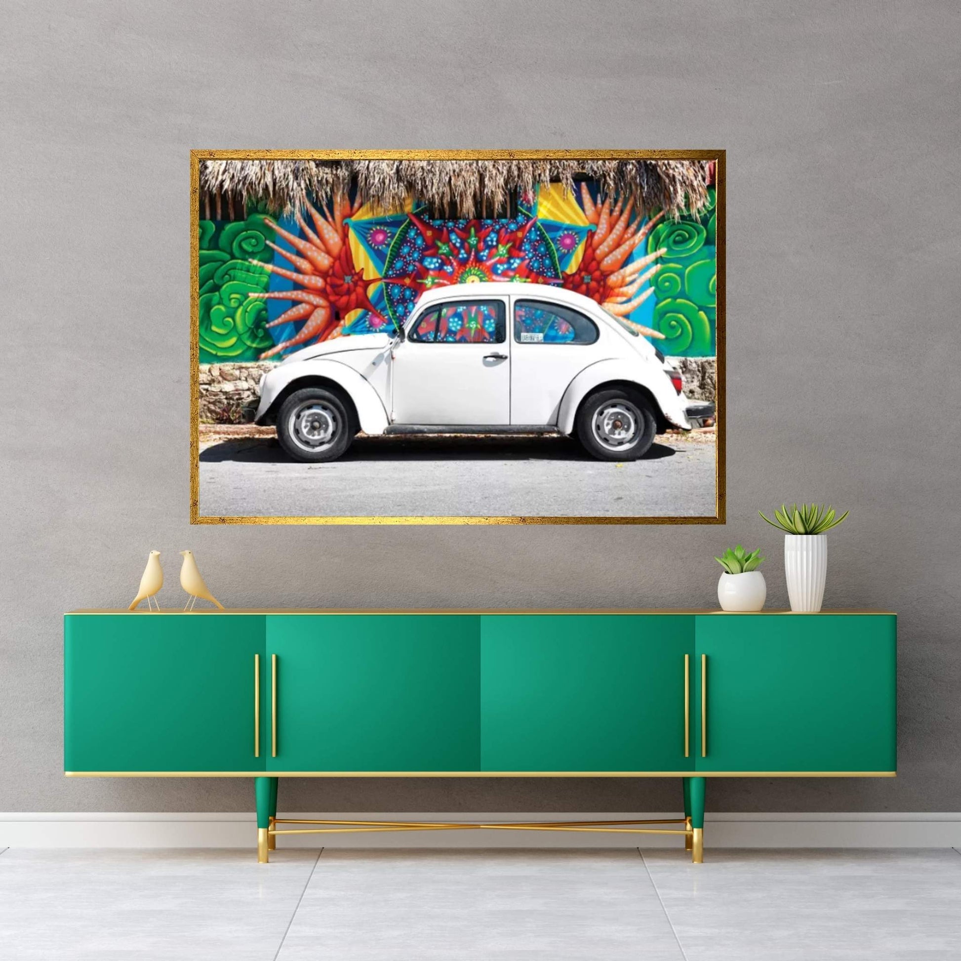 White VW Beetle Car In Cancun Canvas Wall Art - Y Canvas