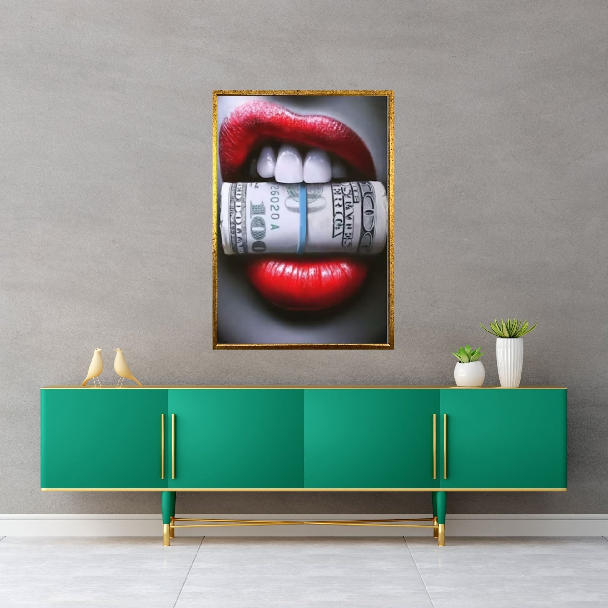 Red Lips Canvas Wall Art, Smoking Woman Room Decor, Money Cigar Between Lips Wall Hangings - Y Canvas