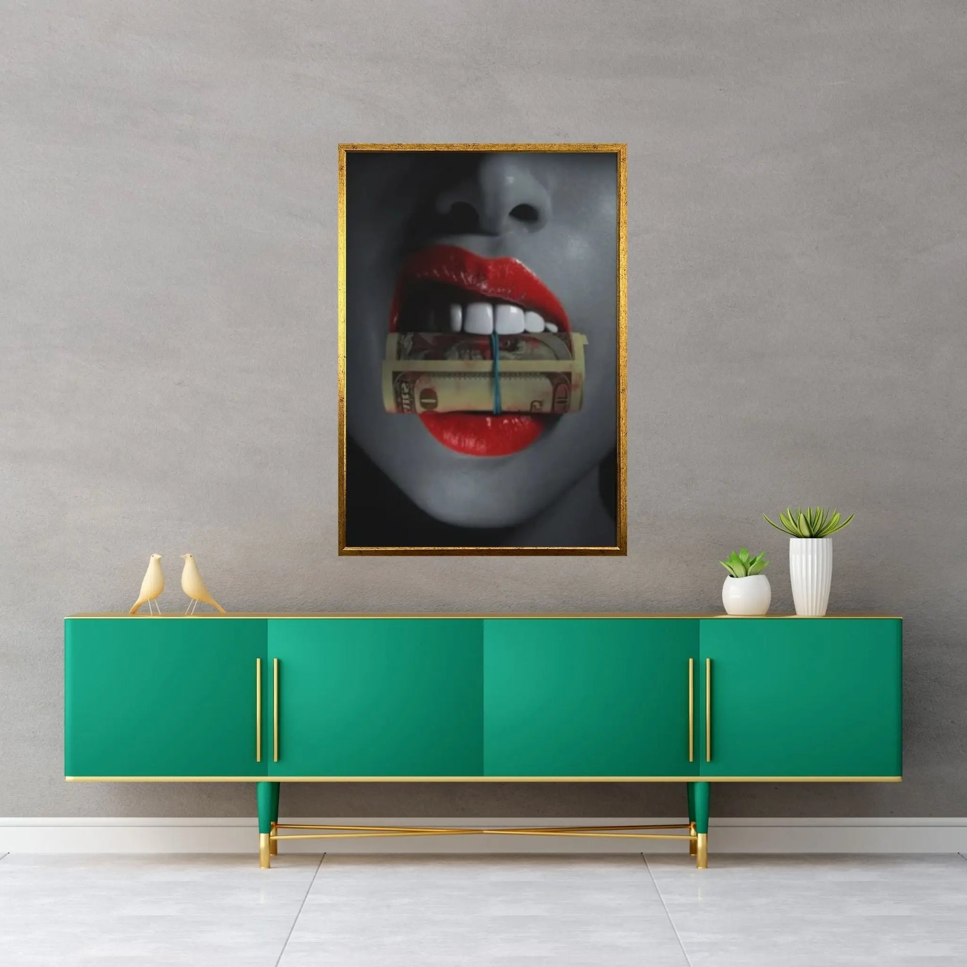 Red Lips Canvas Wall Art, Women Lips Canvas Wall Print, Money Cigar Between Lips Wall Hangings - Y Canvas