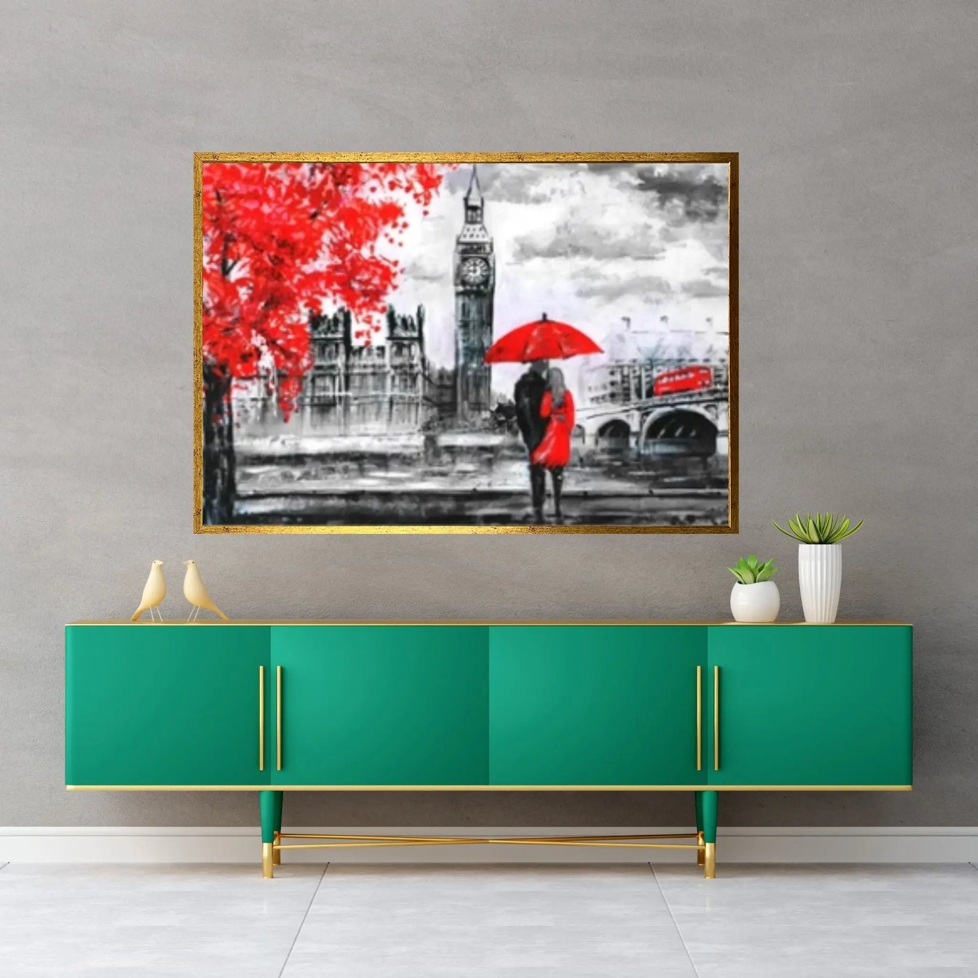 England Bridge illustration Man and woman under red umbrella photo London street Oil painting Canvas Wall Art - Y Canvas
