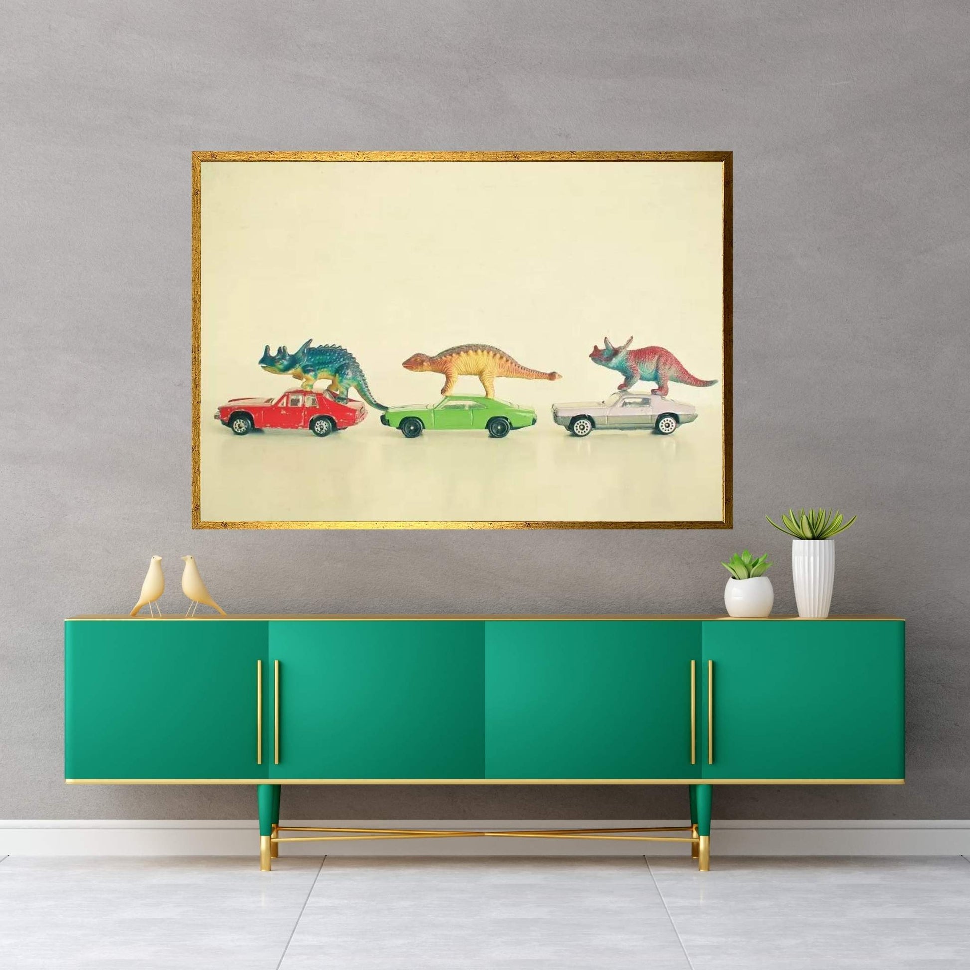 Dinosaurs Ride Cars Canvas Wall Art - Y Canvas