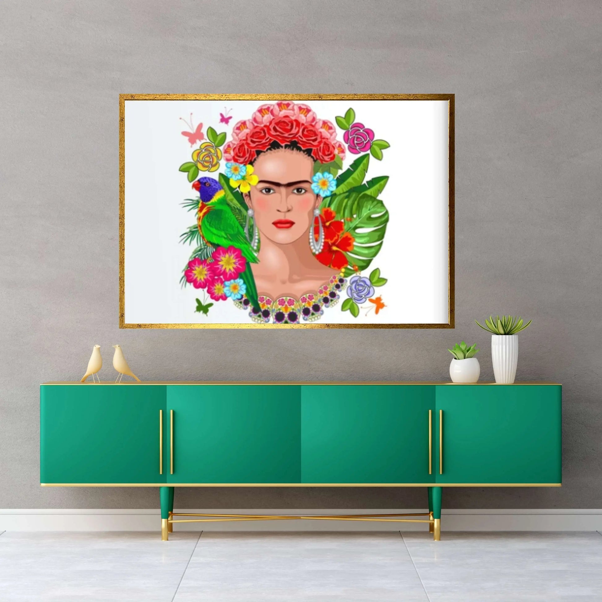 Frida Kahlo Art Canvas Wall Art -Poster/Printed Picture Wall Art Holding a Cup of Tea & Cigarette Decoration - Y Canvas