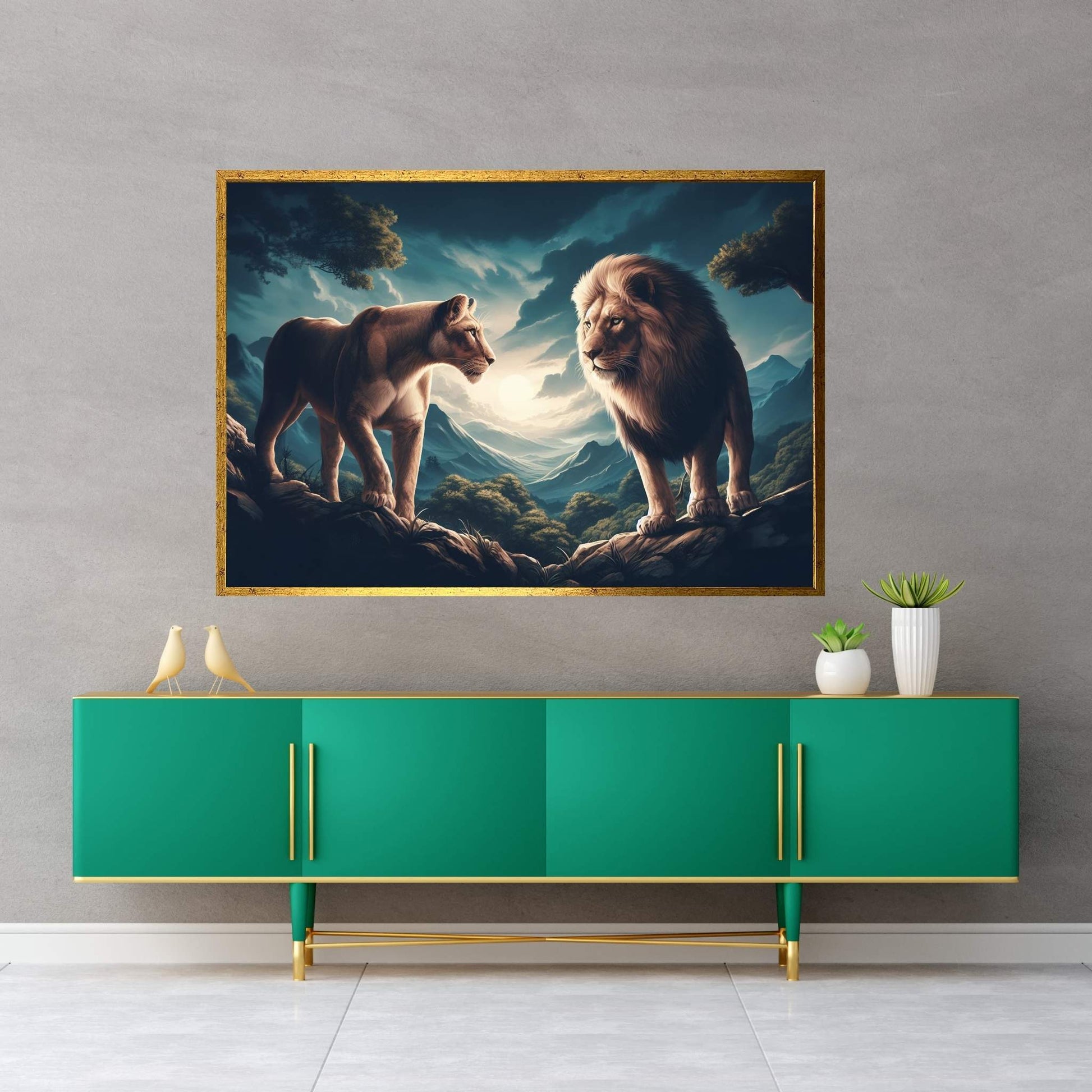 Lion and Tiger Couple Canvas Print Art,Animal Wall Art, Canvas Wall Art - Y Canvas