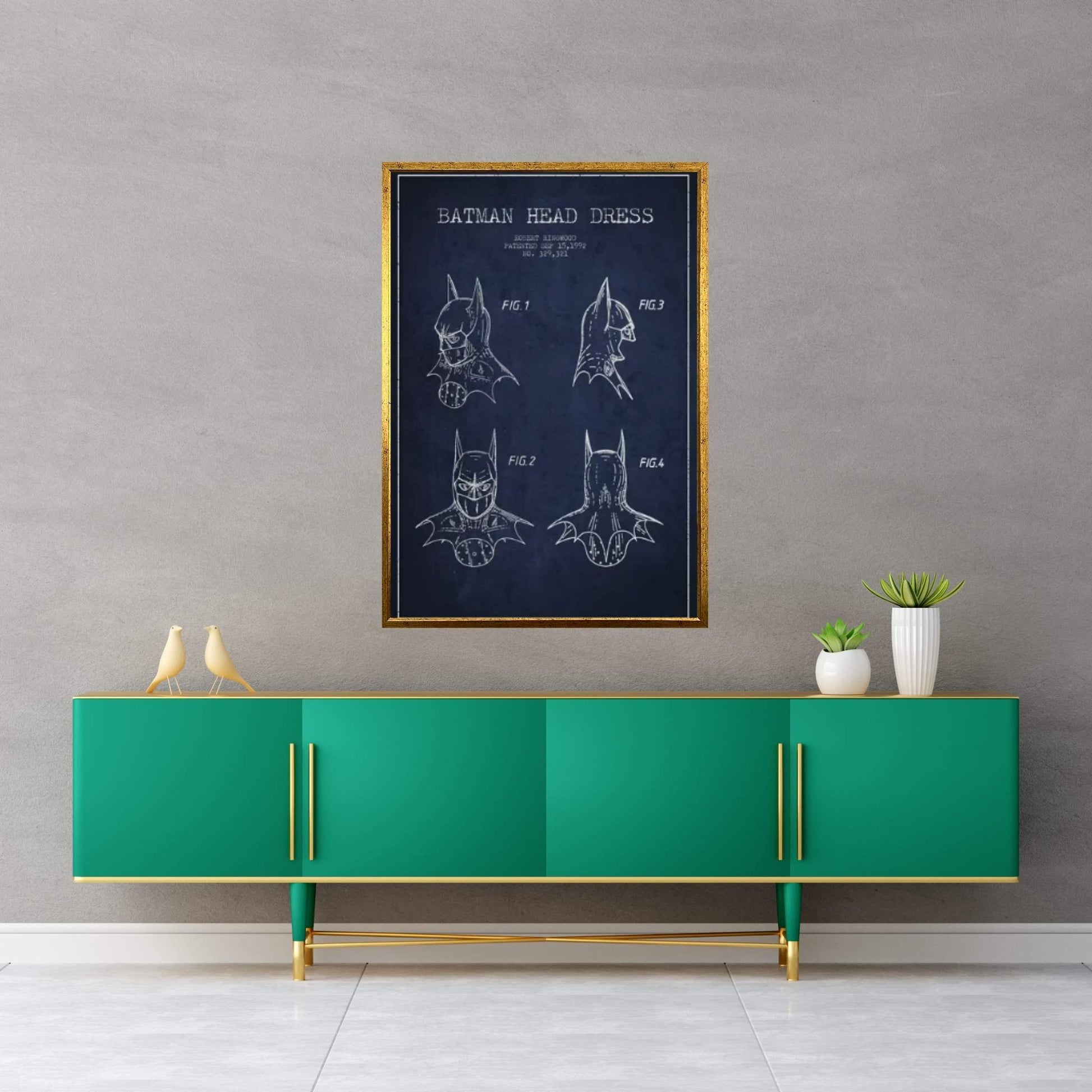 Robert Ringwood Batman Head Dress Patent Sketch (Navy Blue) Canvas Wall Art - Y Canvas