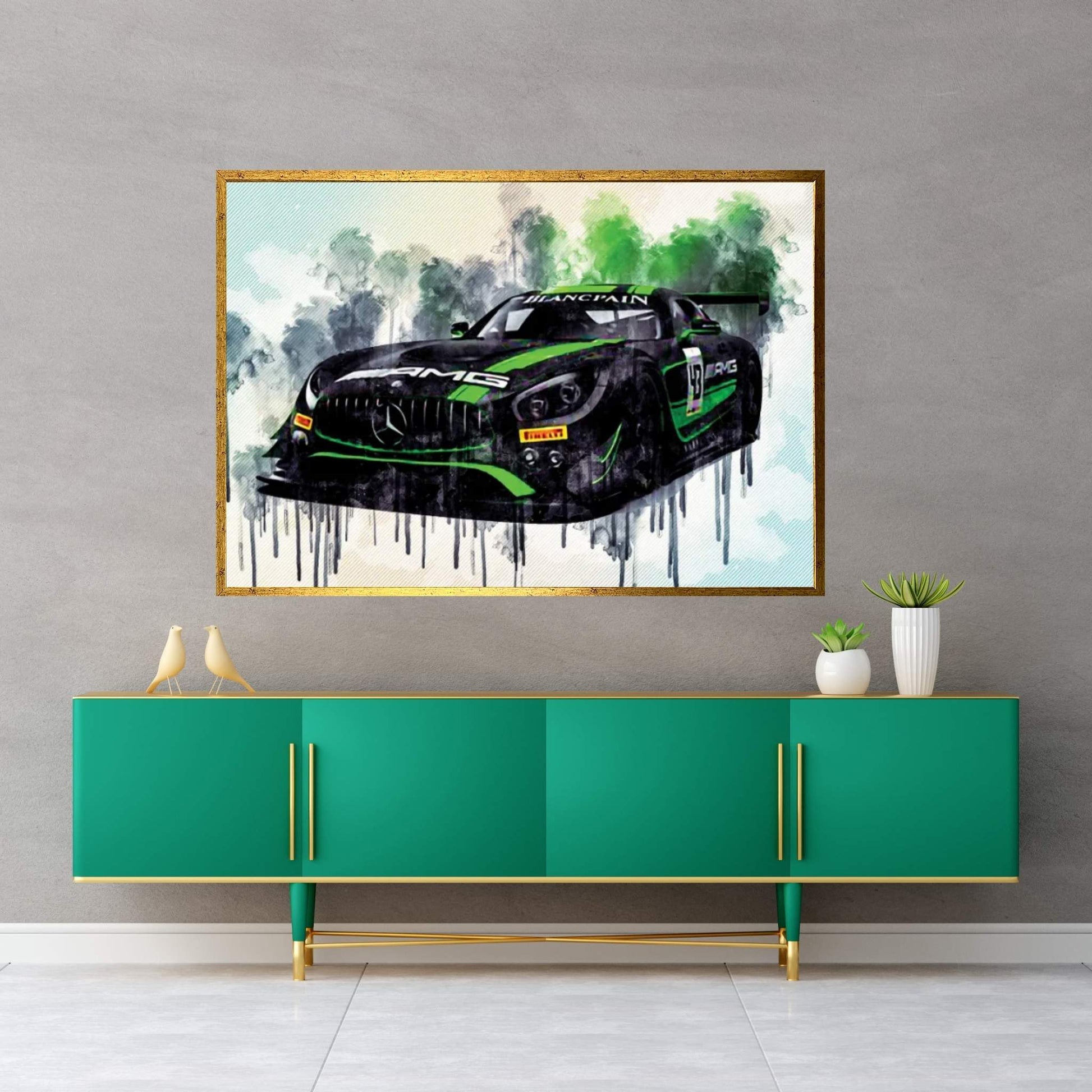 Mercedes-Amg 2018 Dtm Front View Strakka Racing Black Green Sports German Sports Cars Canvas Wall Art - Y Canvas
