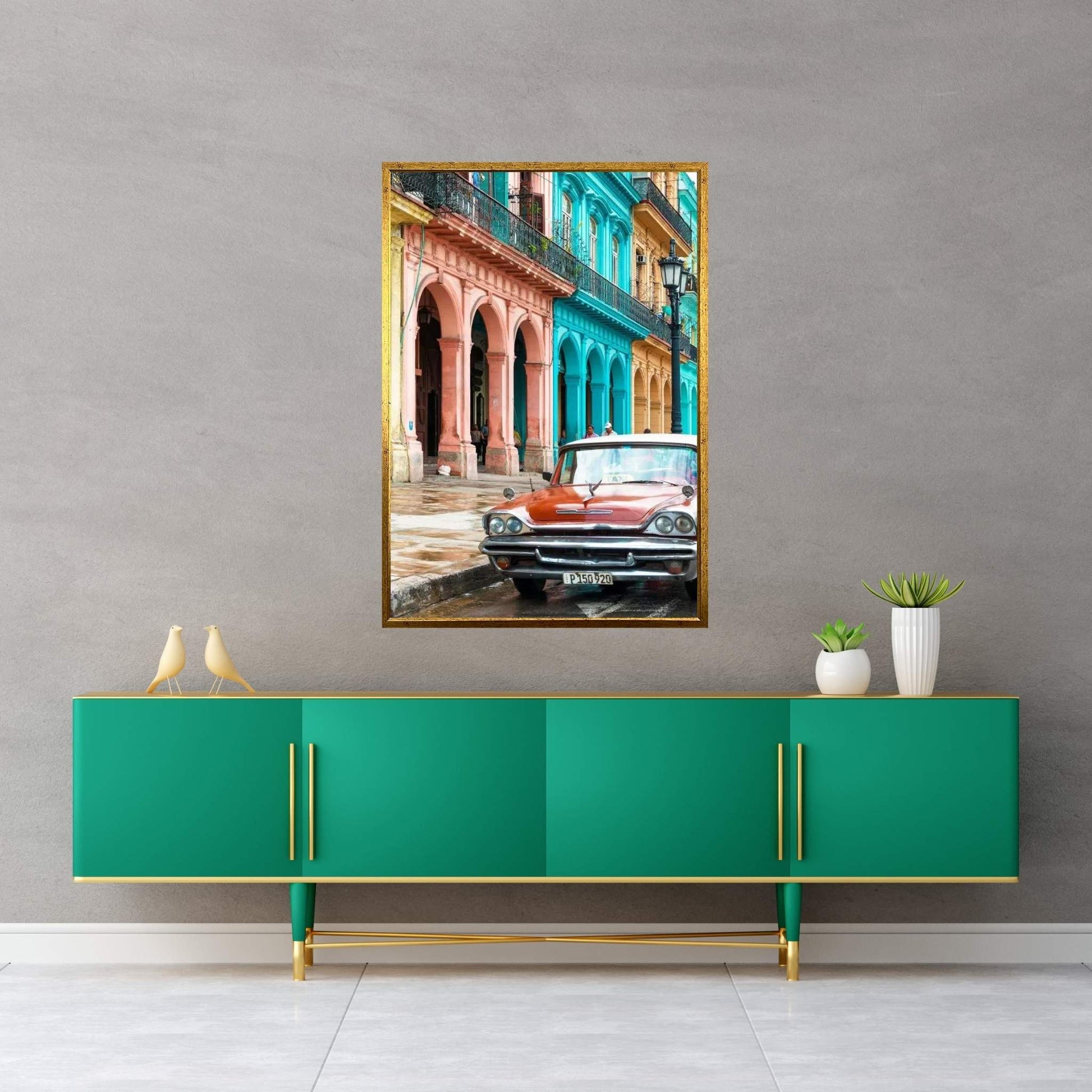 Colorful Buildings and Red Taxi Car Canvas Wall Art - Y Canvas