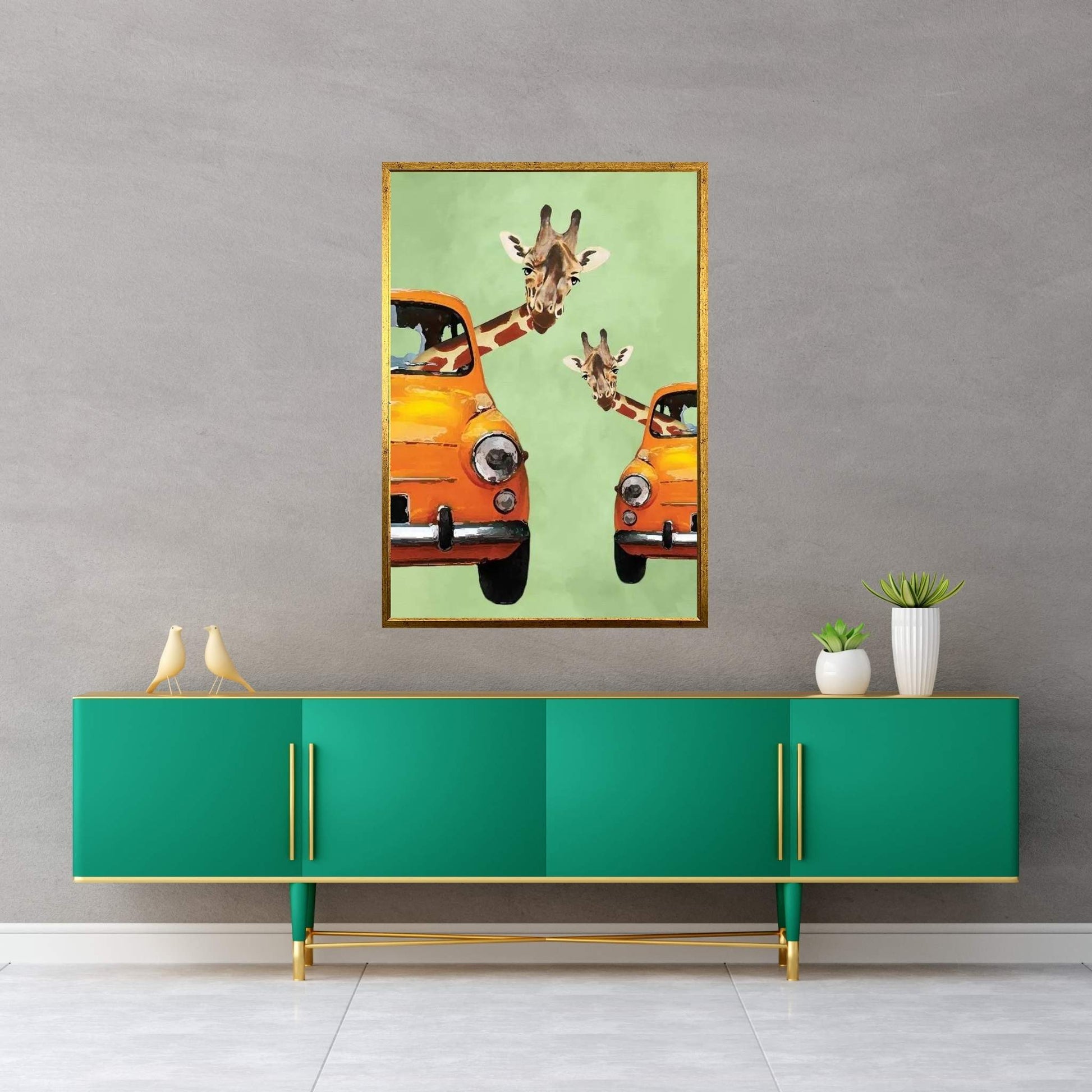 Giraffes In Yellow Cars Canvas Wall Art - Y Canvas
