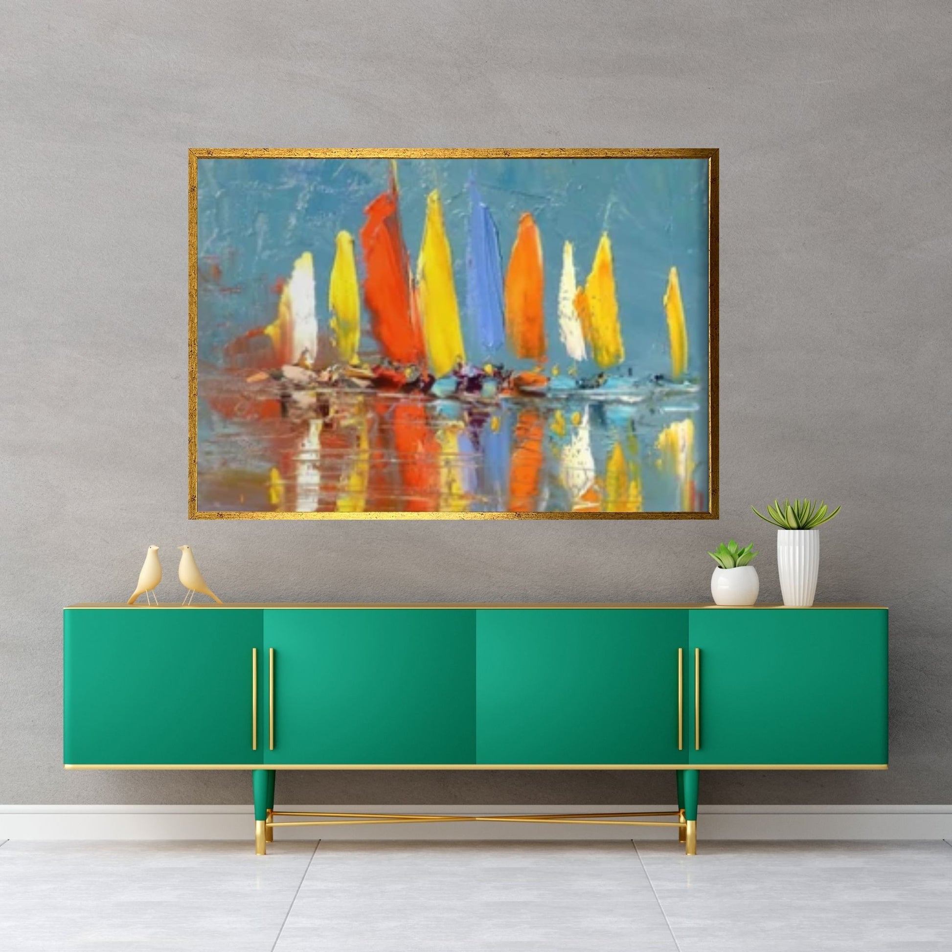 Large Sailboat Party Print Painting On Canvas Colorful Living Room Wall Art, sailboat painting - Y Canvas