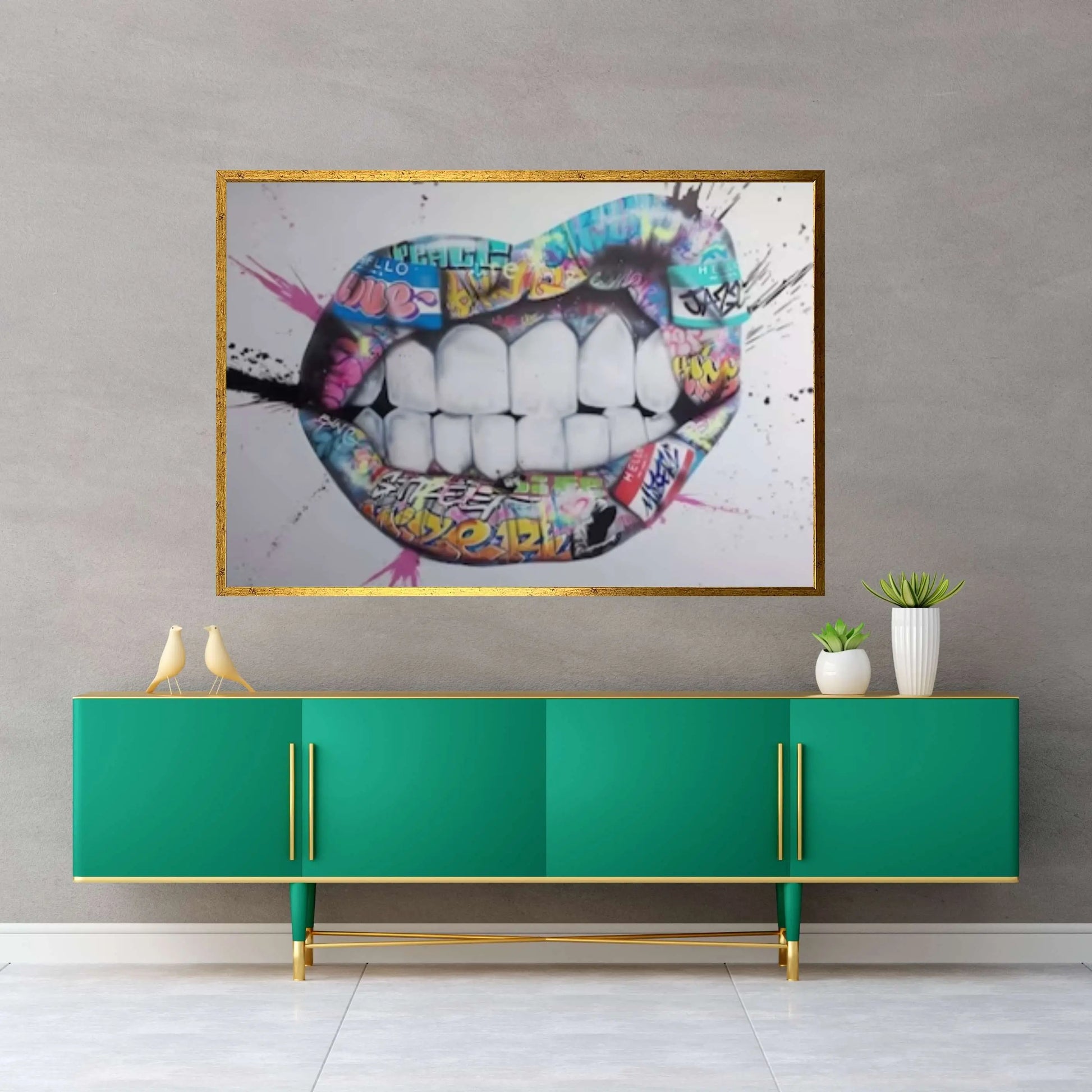 Banksy Poster, Lip and Teeth, Colourful Canvas, Banksy Graffiti Art Print, Woman Graffiti Wall Art, Famous Mural Quote Canvas Wall Art - Y Canvas