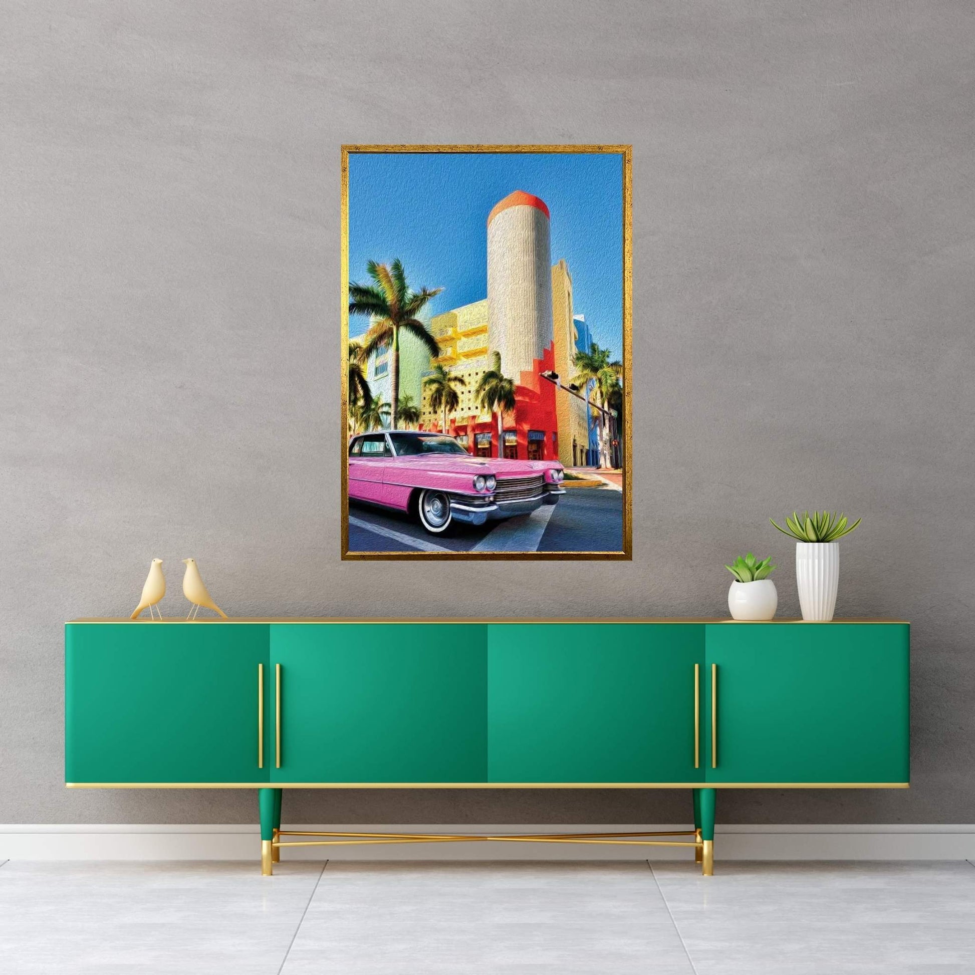 Pink Cadillac Miami Art District II Canvas Wall Art - Y Canvas