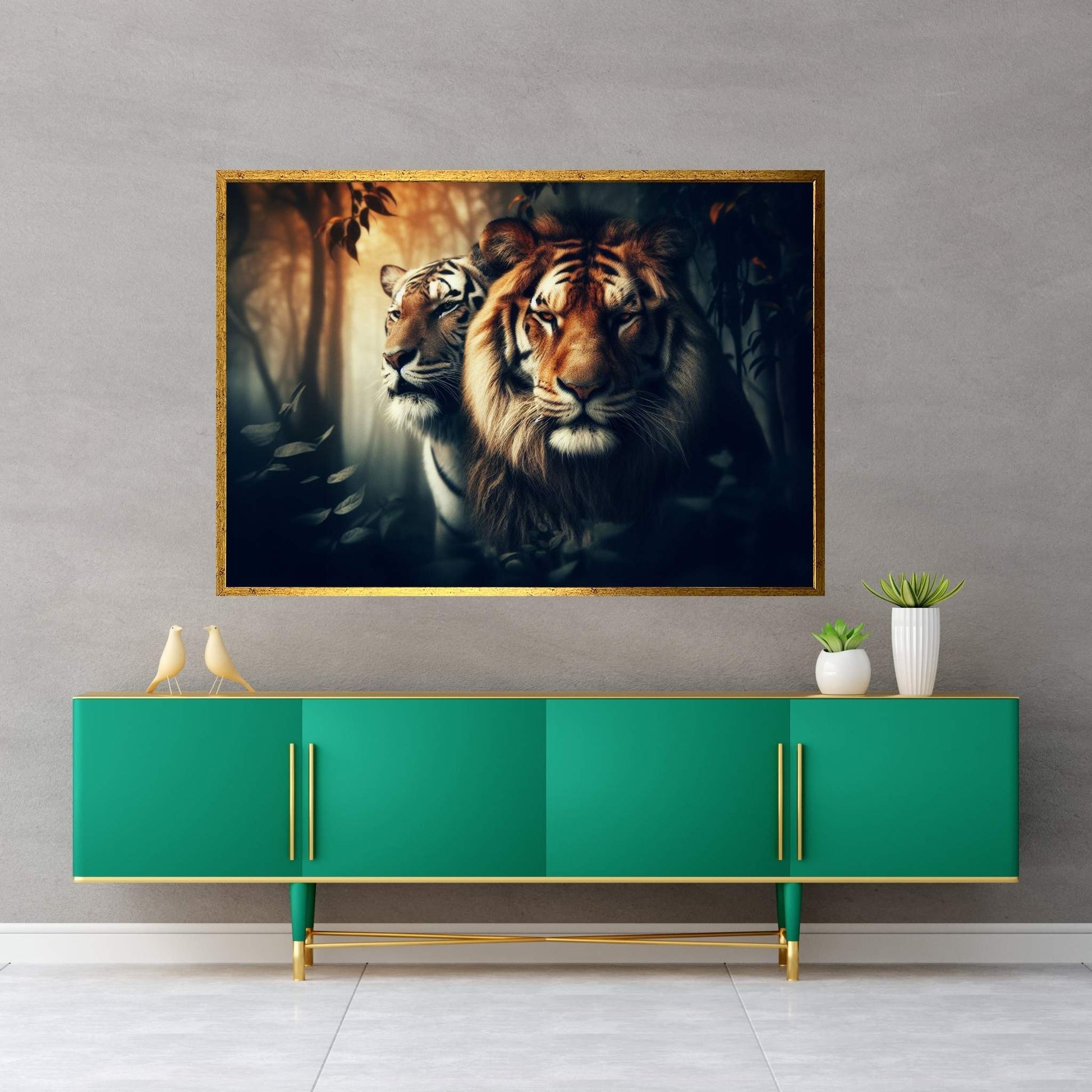 Lion and Tiger Couple Canvas Print Art,Animal Wall Art, Canvas Wall Art - Y Canvas