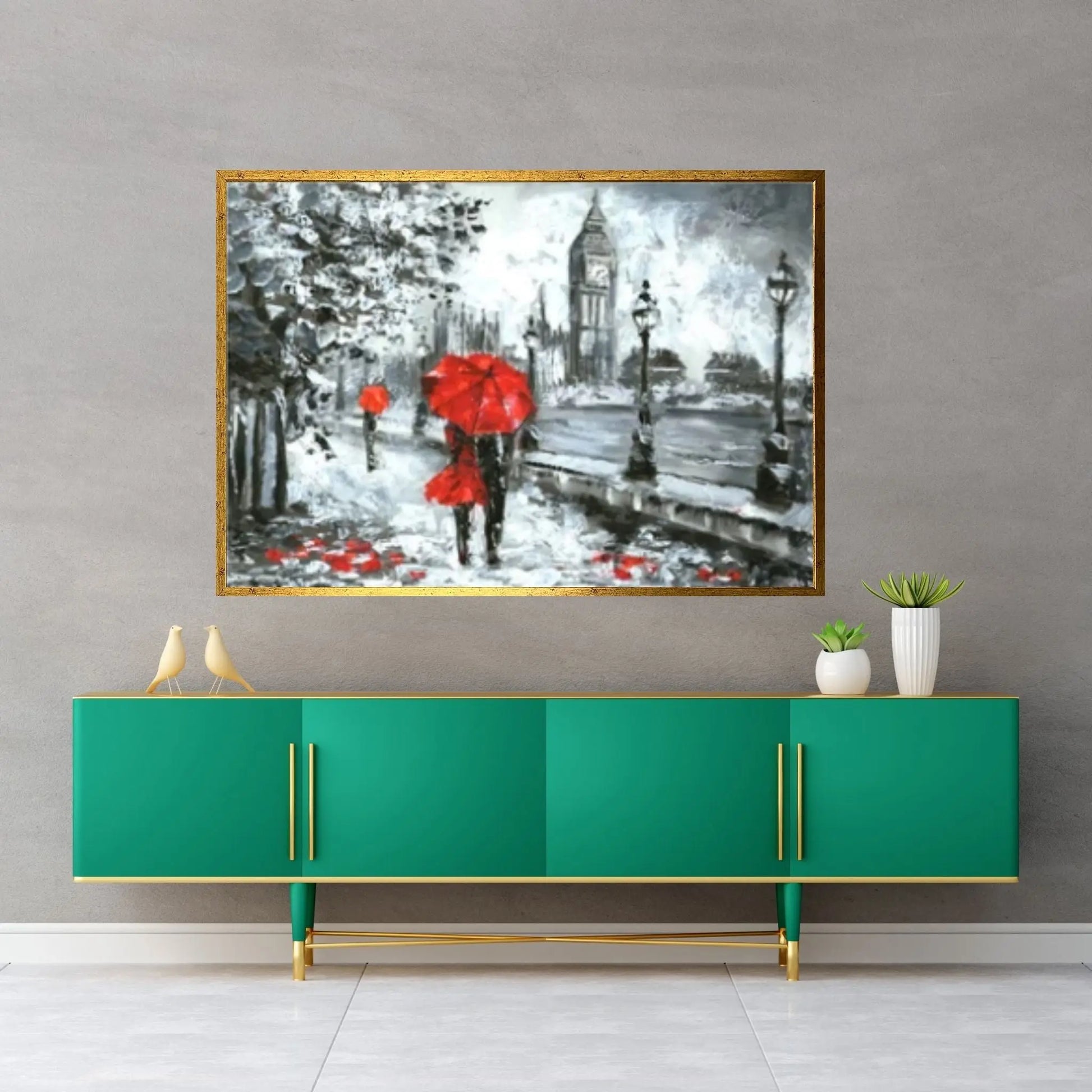 England Bridge illustration Man and woman under red umbrella photo London street Oil painting Canvas Wall Art - Y Canvas