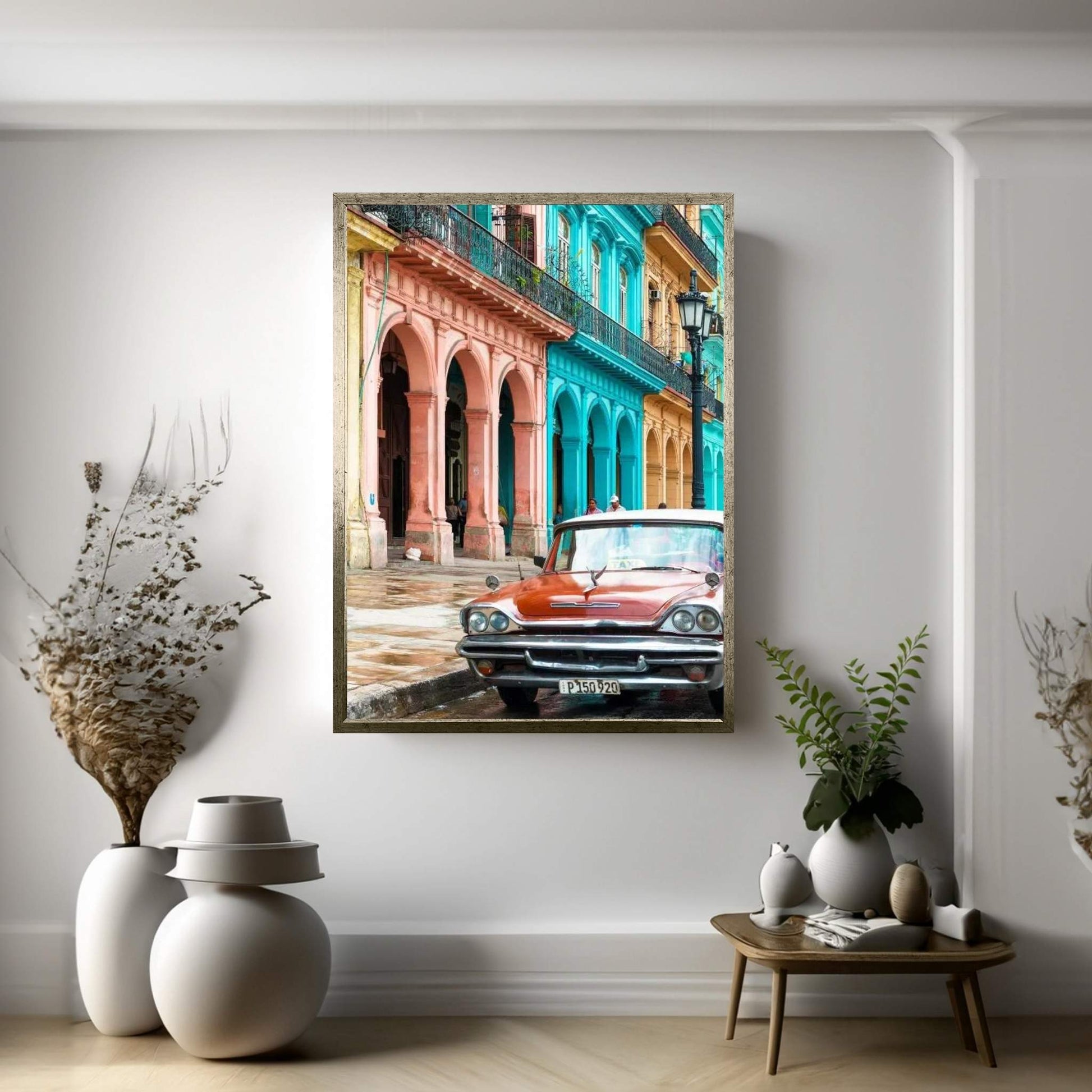 Colorful Buildings and Red Taxi Car Canvas Wall Art - Y Canvas