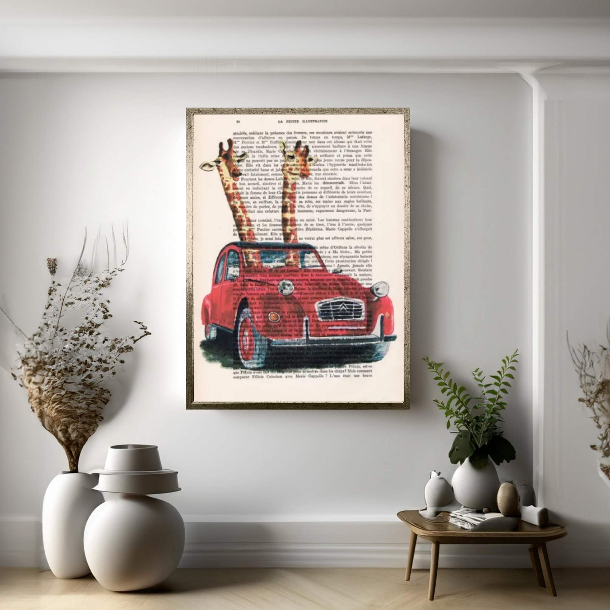 Giraffes In French Red Car Canvas Wall Art - Y Canvas