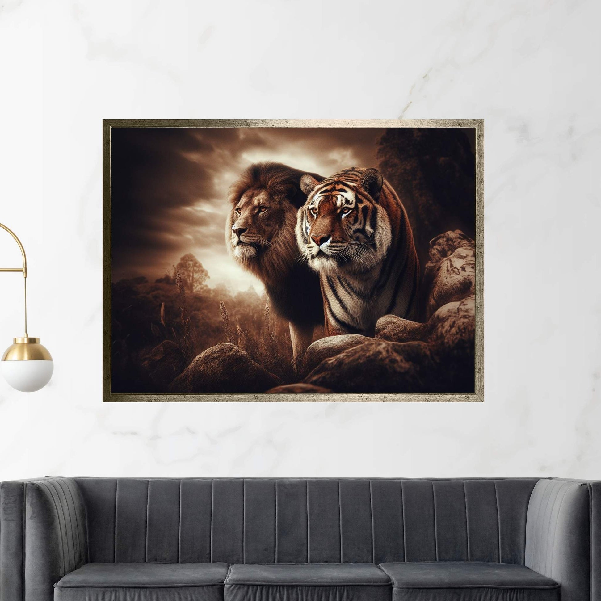 Lion and Tiger Couple Canvas Print Art,Animal Wall Art, Canvas Wall Art - Y Canvas