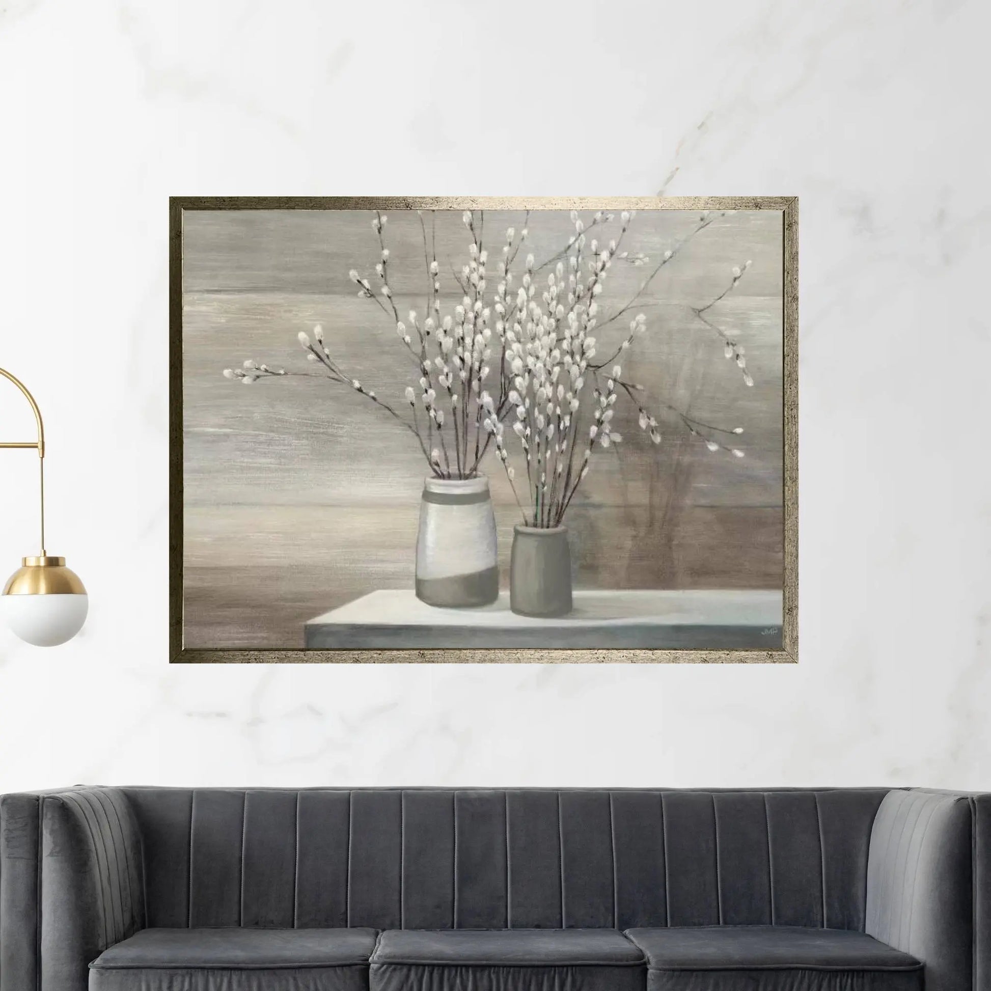 Pussy Willow Still Life Gray Pots Canvas Wall Art - Y Canvas