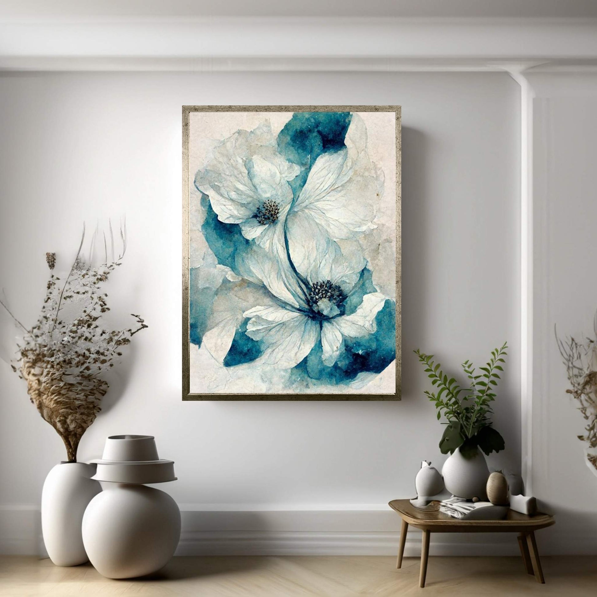 Blue White Flower Abstract Canvas Wall Art - Y Canvas