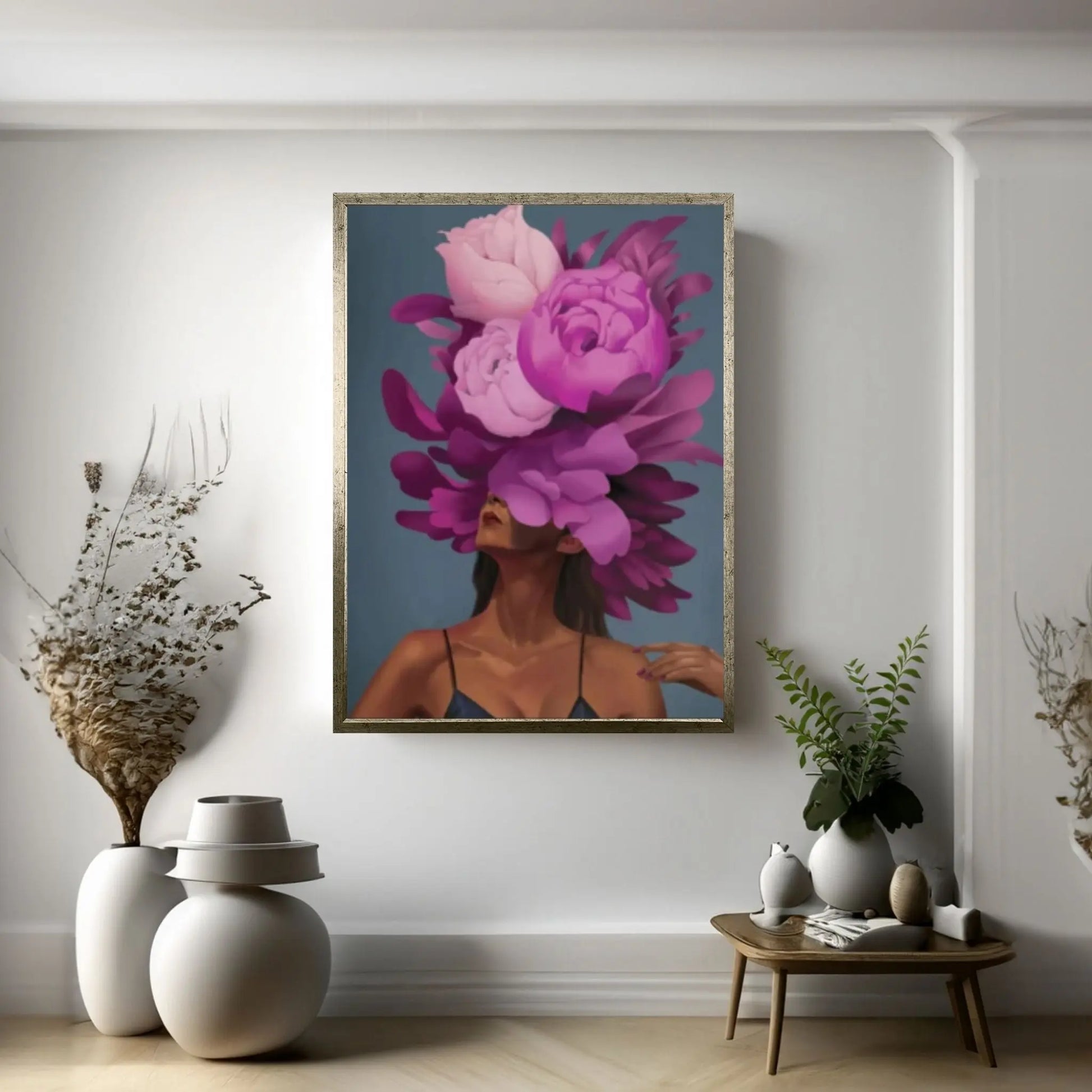 Purple Floral Woman Canvas Art, Blue Bird And Woman Wall Art, Woman with Flower and Bird Head, Visual Excellence - Y Canvas