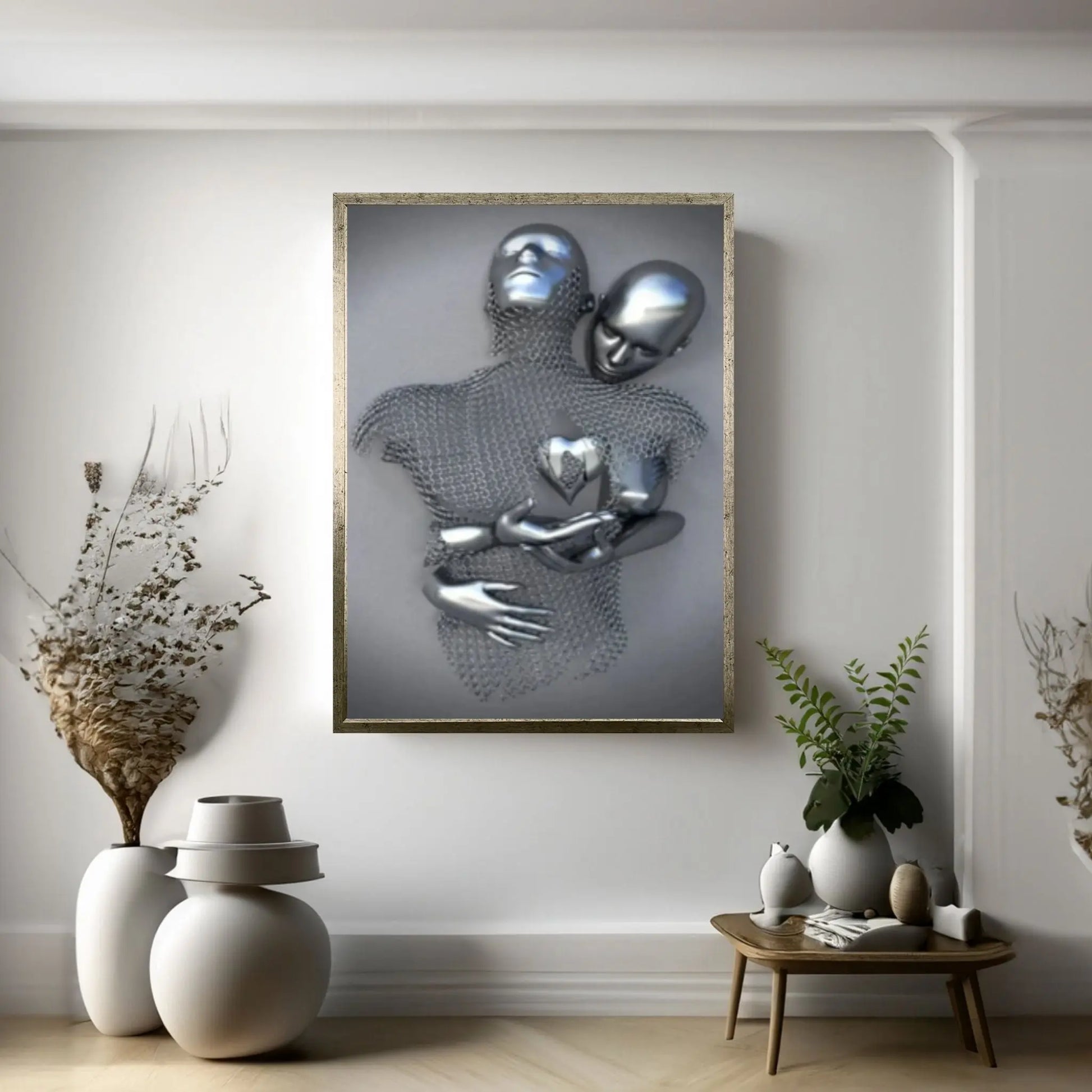 Large Silver Heart Love Couples Canvas Metallic 3D Abstract Living Room Decor Home Decor Wall Art Canvas - Y Canvas