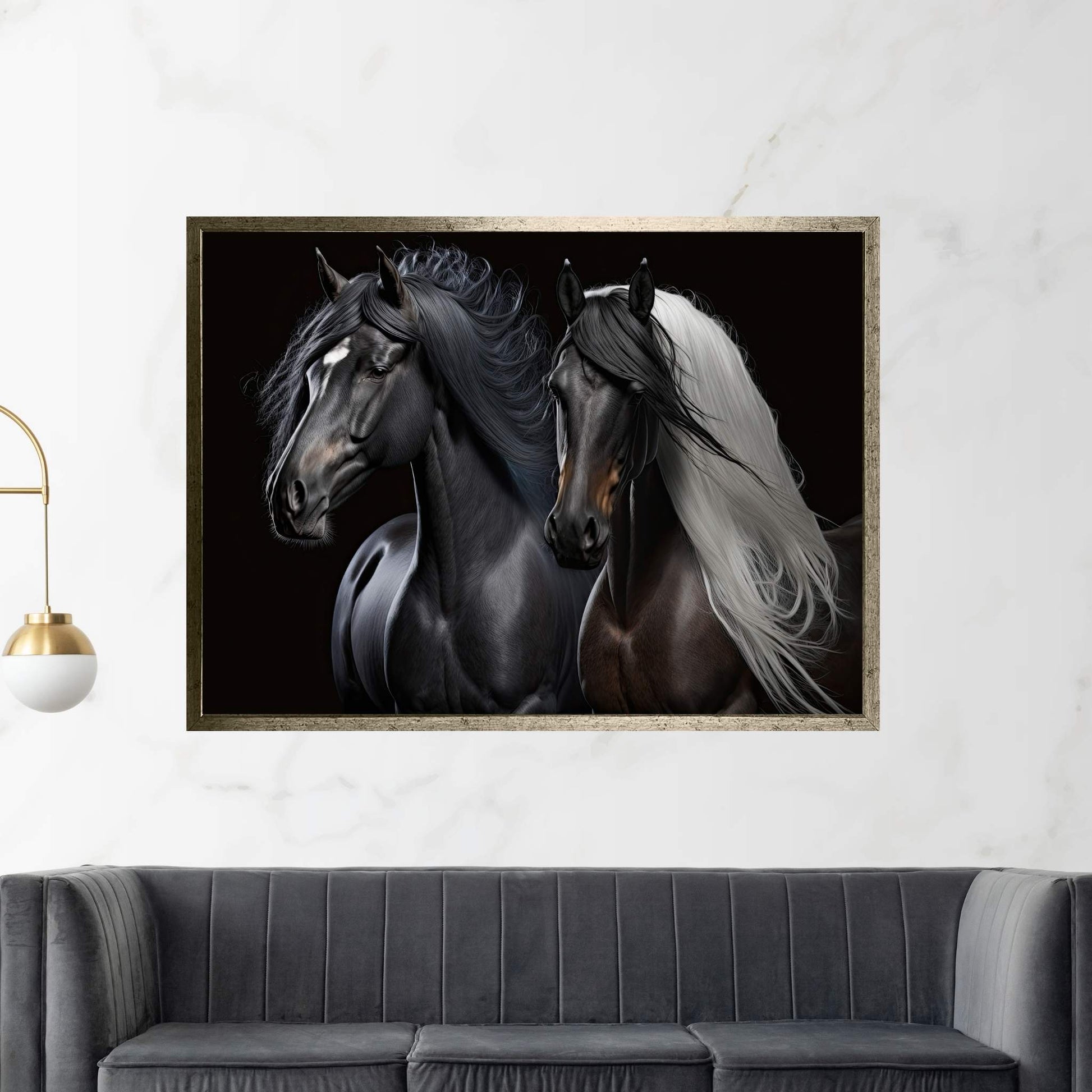 Brown and Black Horse Double Horse Canvas Wall Art Animal Art - Y Canvas
