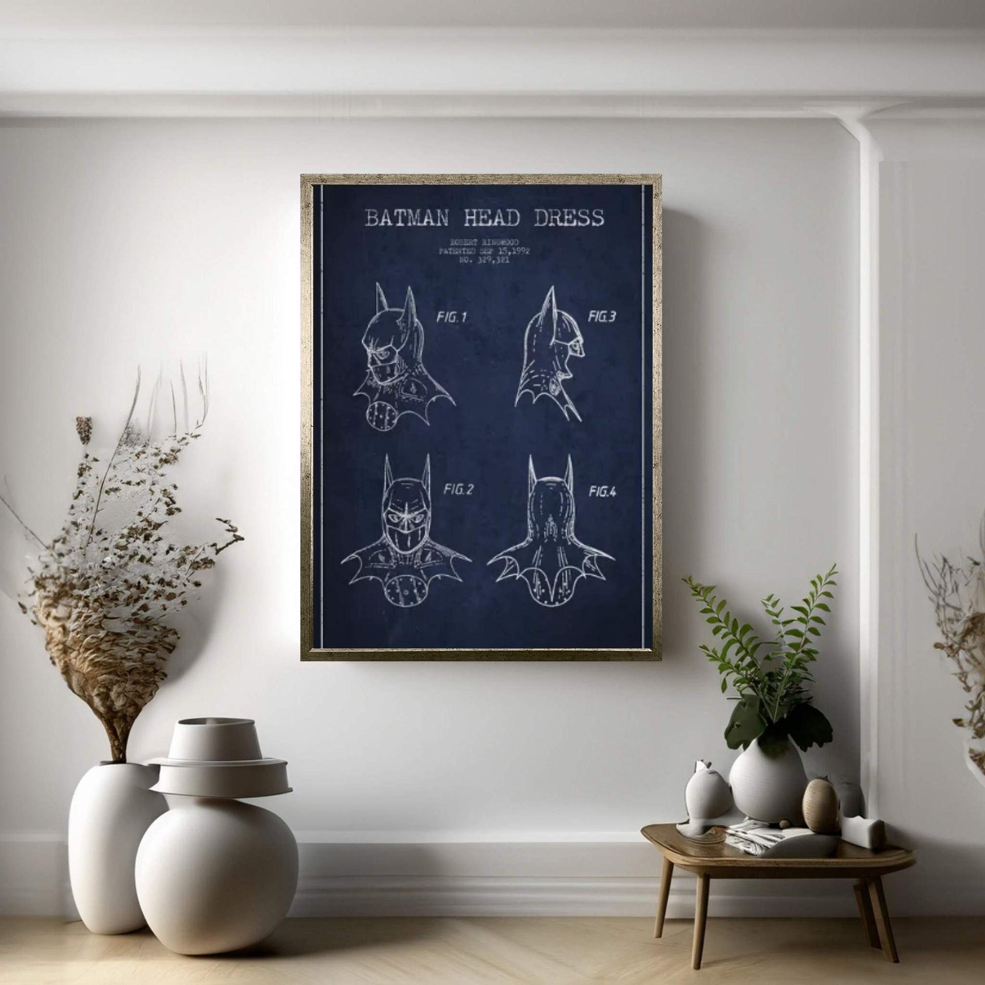 Robert Ringwood Batman Head Dress Patent Sketch (Navy Blue) Canvas Wall Art - Y Canvas