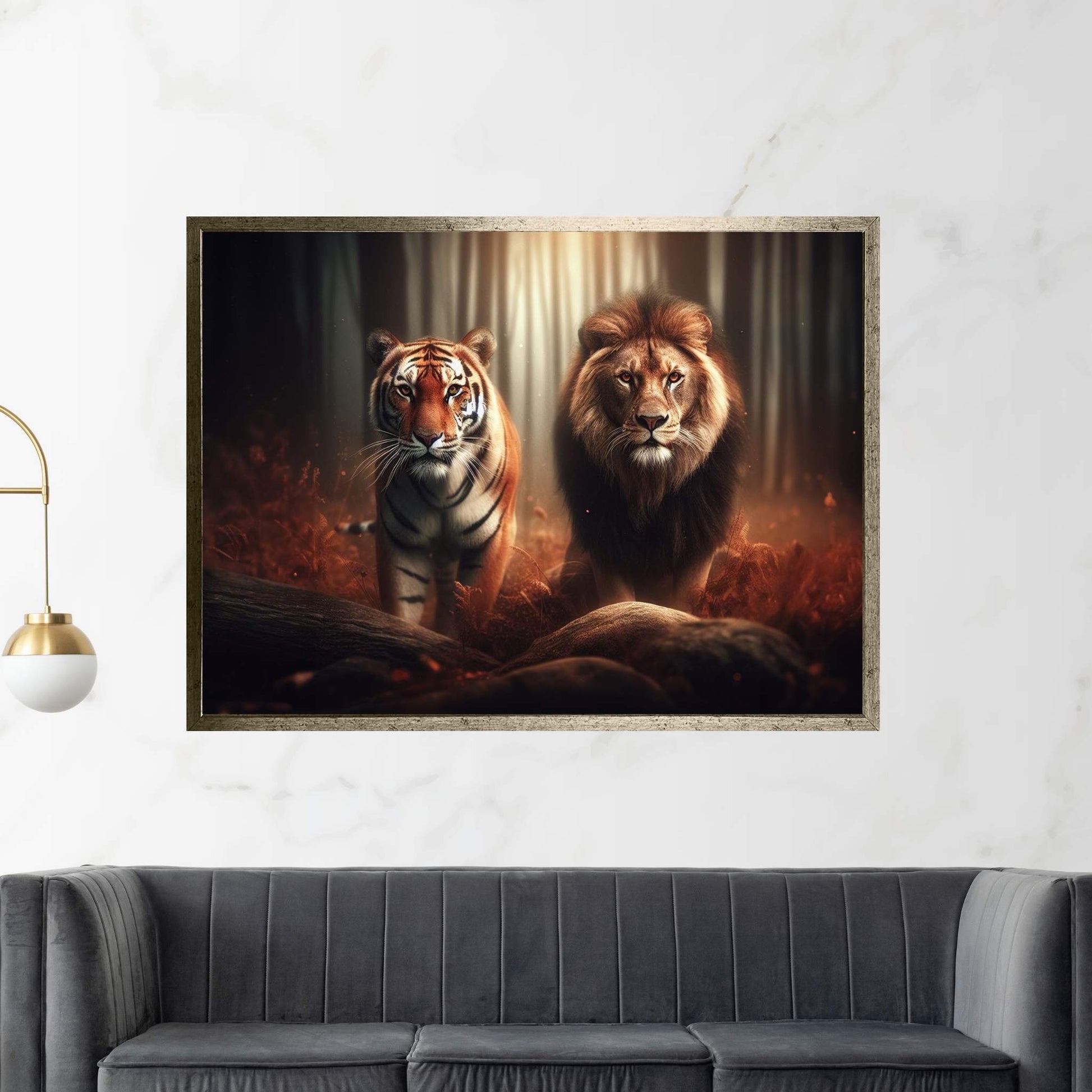 Lion and Tiger Couple Canvas Print Art,Animal Wall Art, Canvas Wall Art - Y Canvas