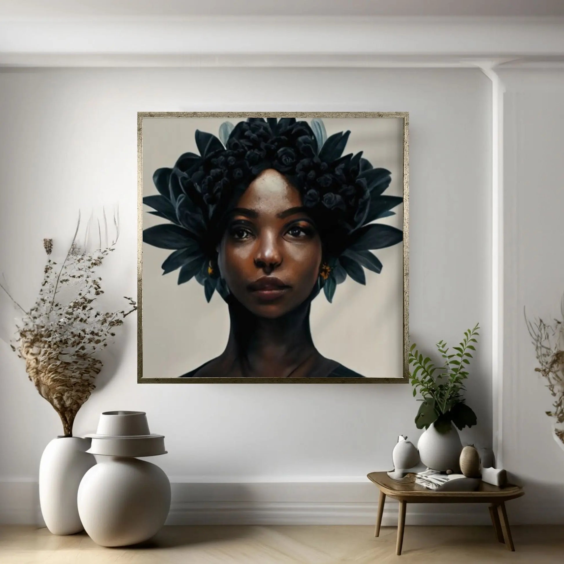 Black woman head flowers Canvas wall art,Black art, Black girl print, flower woman painting, Girl Flowers Poster - Y Canvas