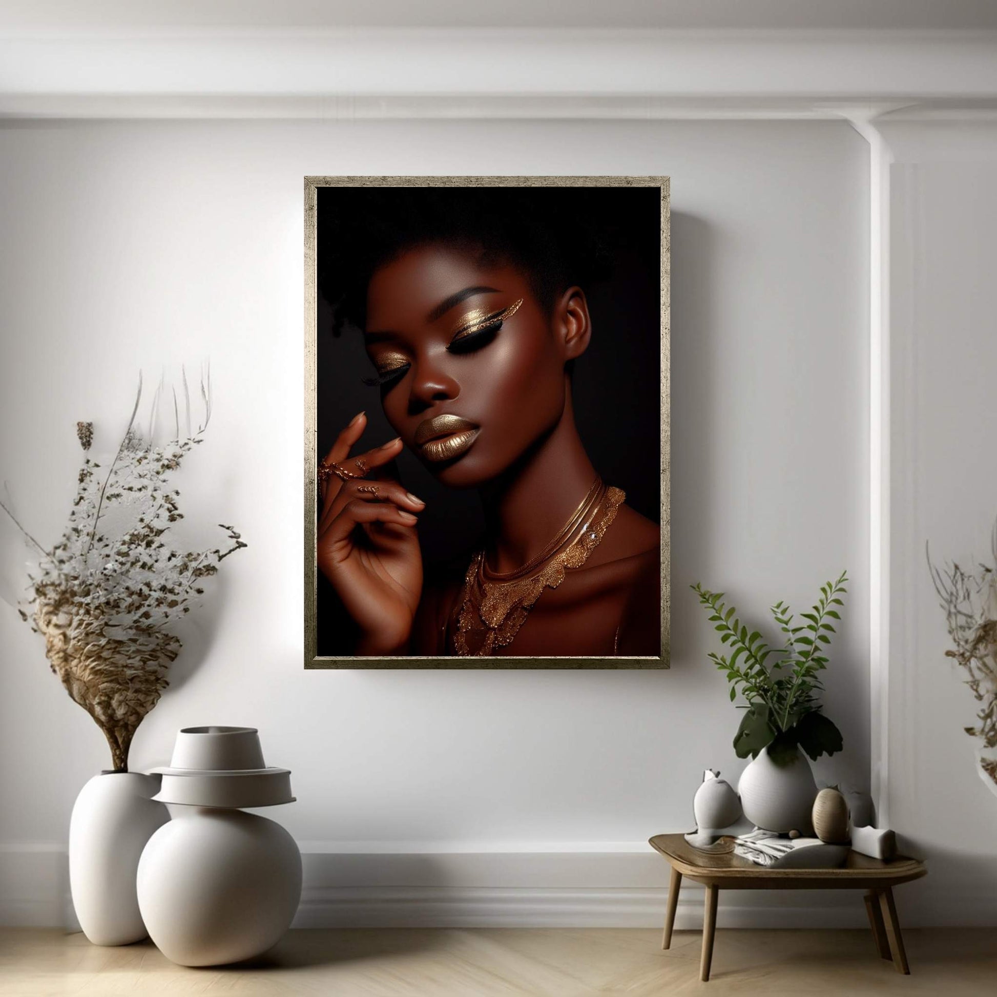 African Black Woman Gold Make-up Canvas Portrait Canvas Wall Art - Y Canvas