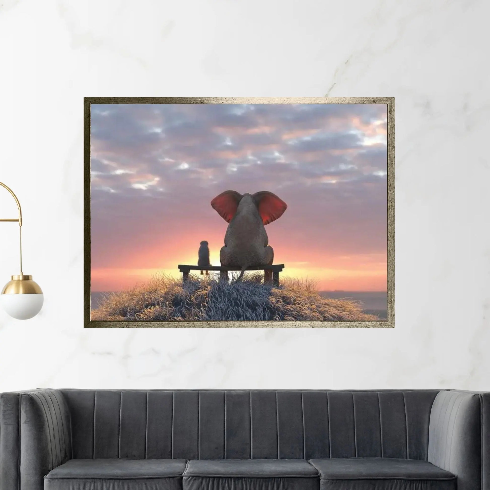 Elephant And Dog Watch The Sunrise On The Seashore Canvas Wall Art - Y Canvas