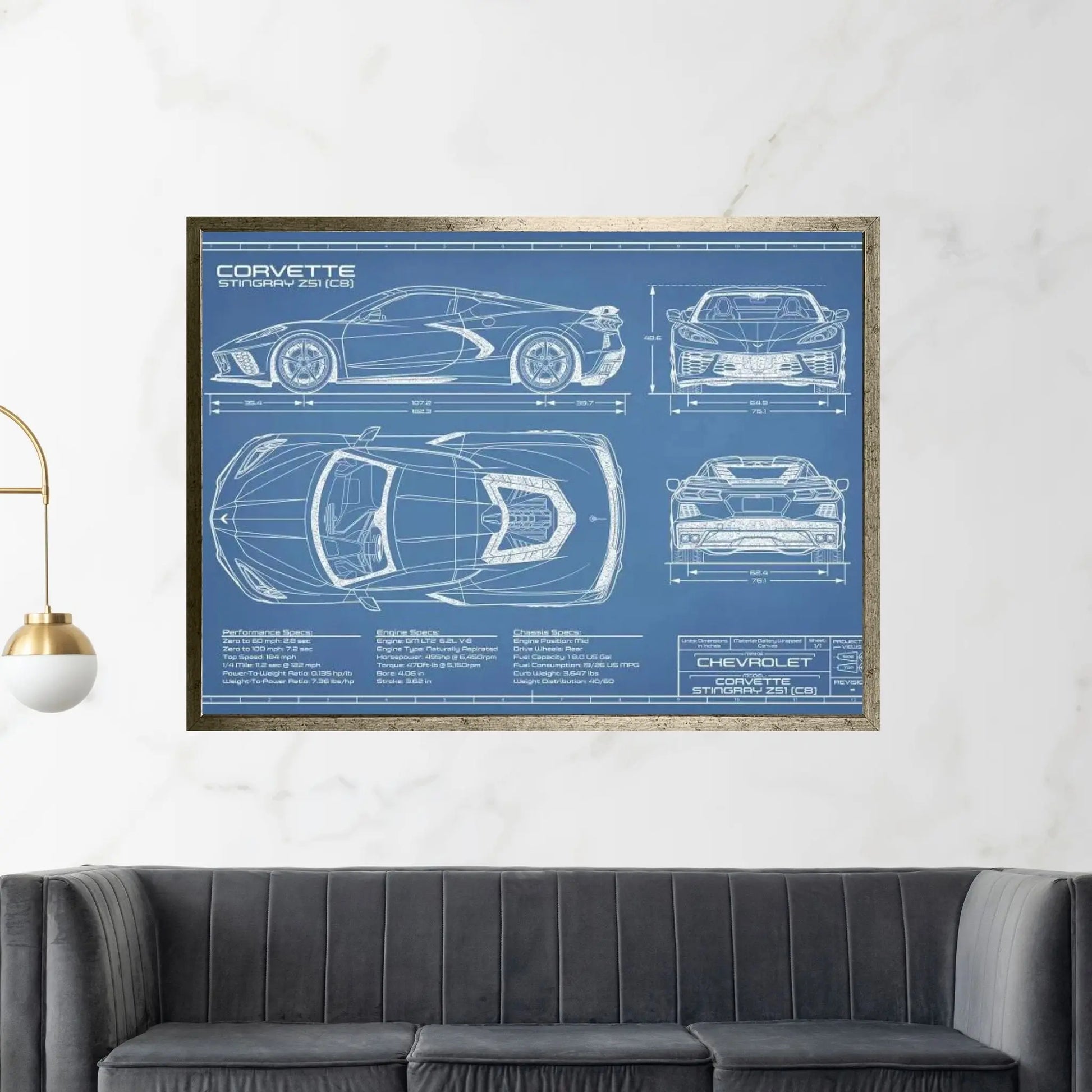Corvette (C8) Stingray Blueprint Canvas Wall Art - Y Canvas