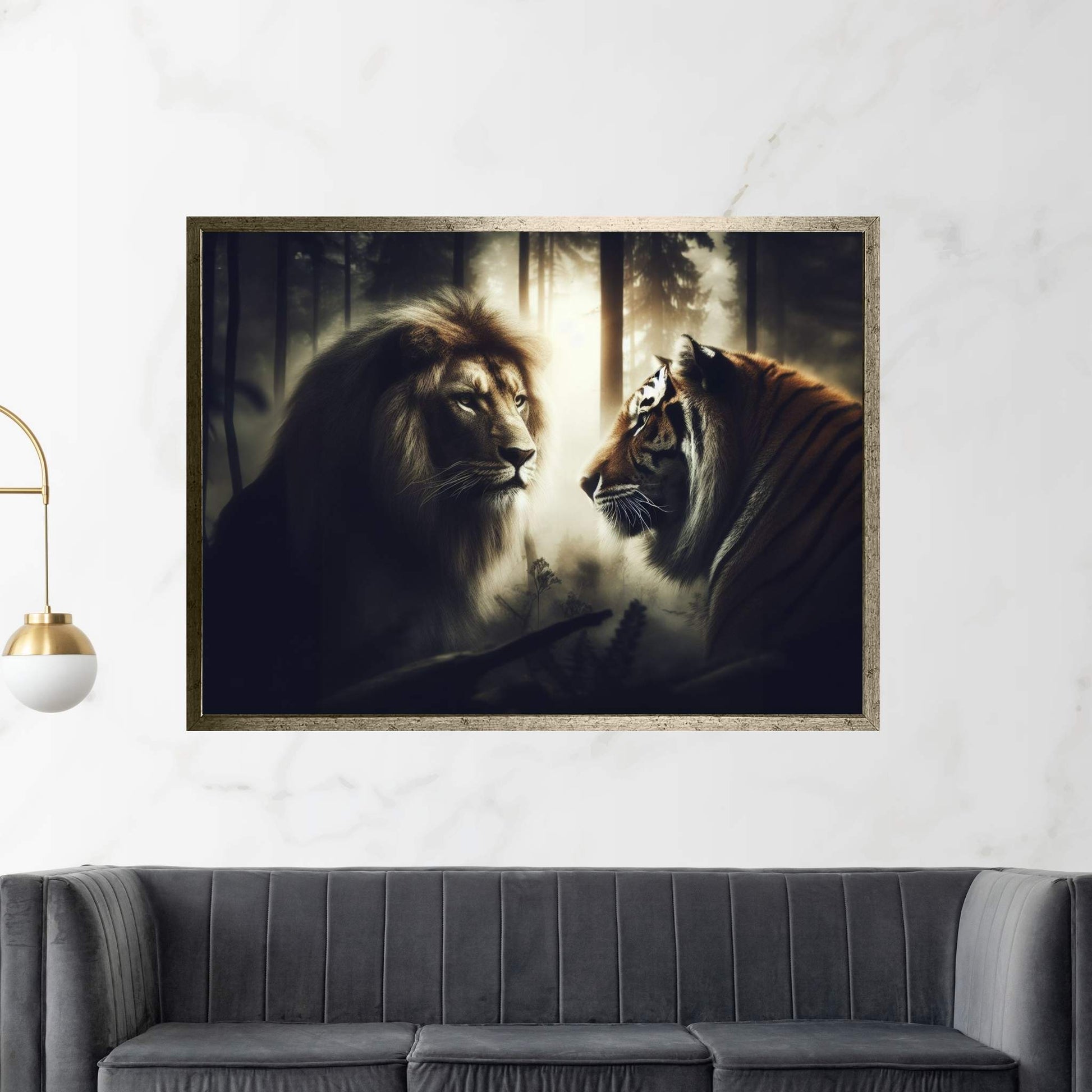 Lion and Tiger Couple Canvas Print Art,Animal Wall Art, Canvas Wall Art - Y Canvas